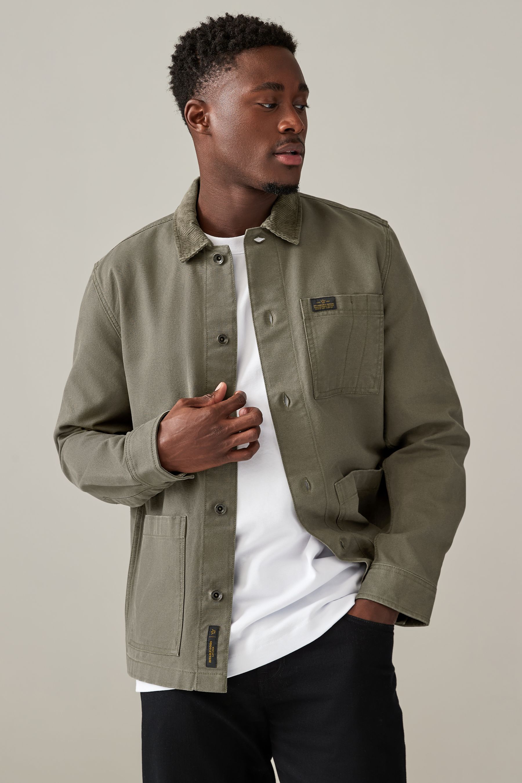 Buy Khaki Green Canvas Chore 100 Cotton Jacket With Corduroy Collar from the Next UK online shop