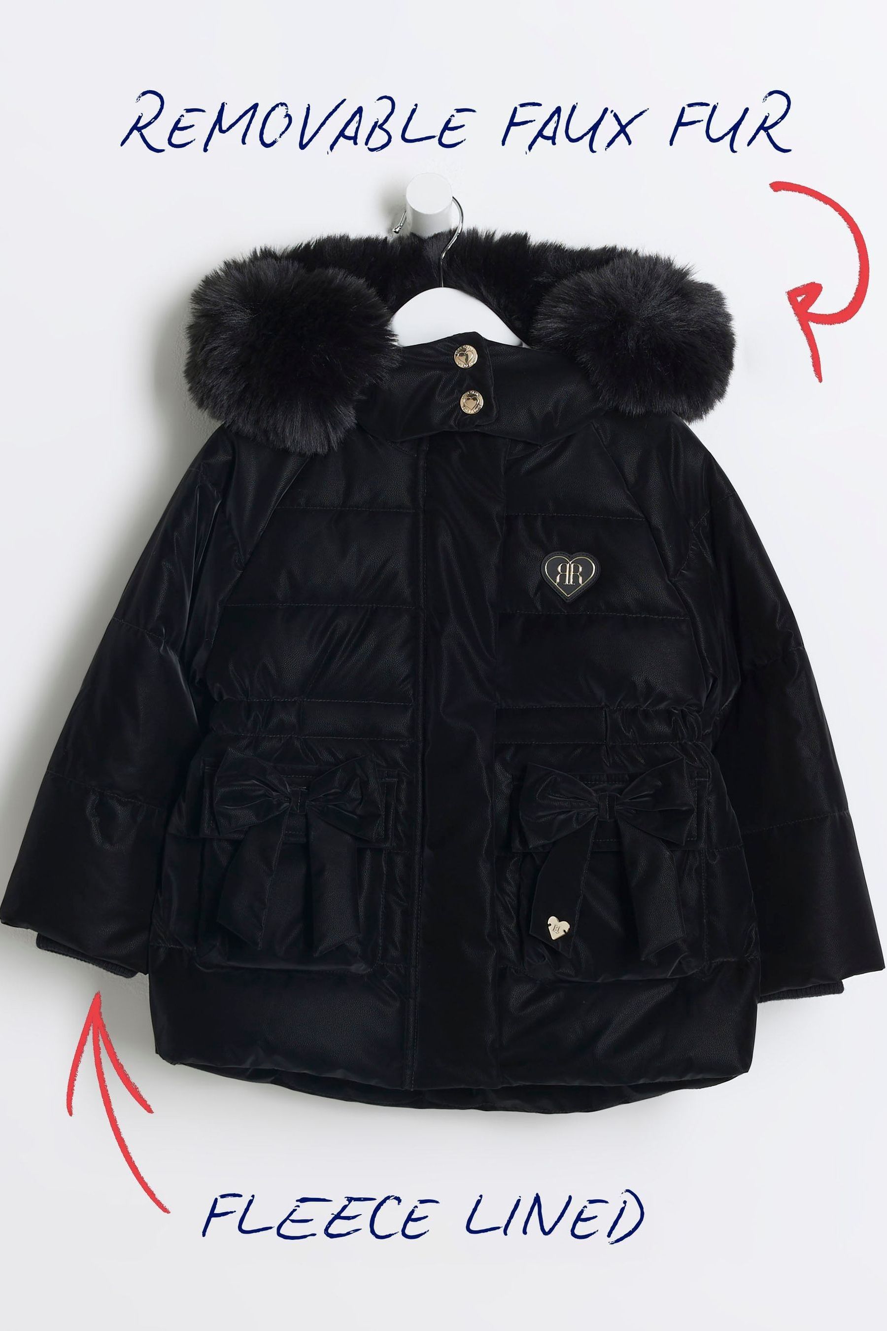 River island black high shine padded faux fur trim jacket online