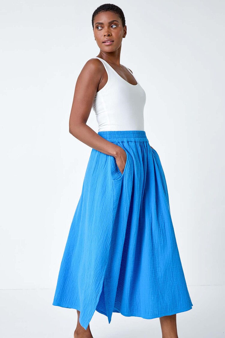 Roman Blue Textured 100% Cotton Maxi Skirt - Image 2 of 5