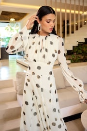 Lipsy Black/White Petite Long Sleeve Gathered Waist Spot Midi Dress - Image 2 of 5