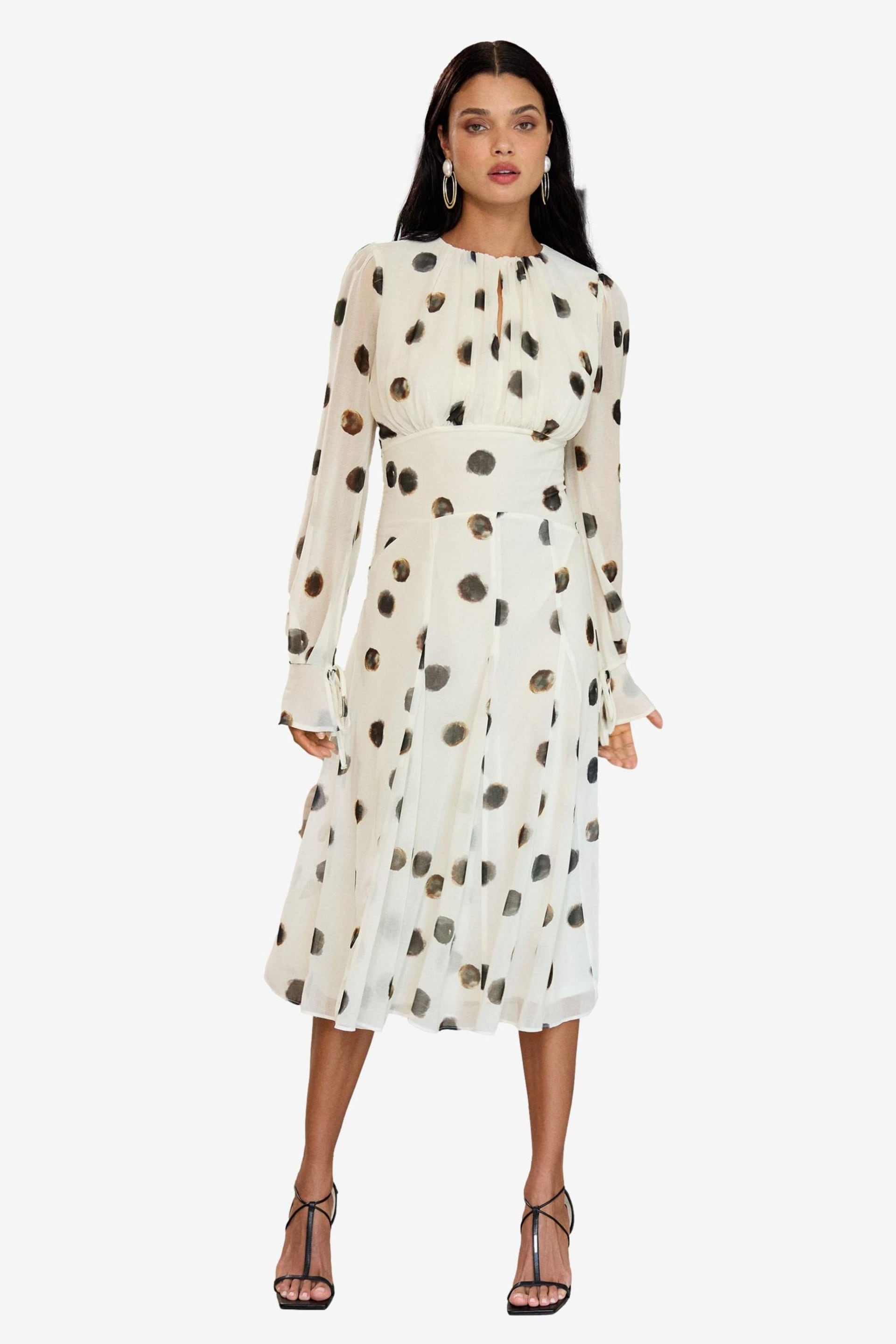 Lipsy Black/White Petite Long Sleeve Gathered Waist Spot Midi Dress - Image 5 of 5