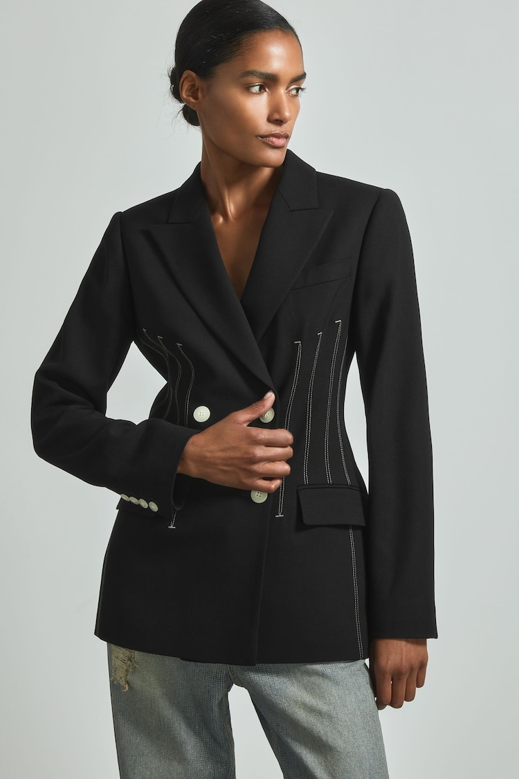 Reiss Black Honor Double Breasted Corset Stitch Blazer - Image 1 of 5