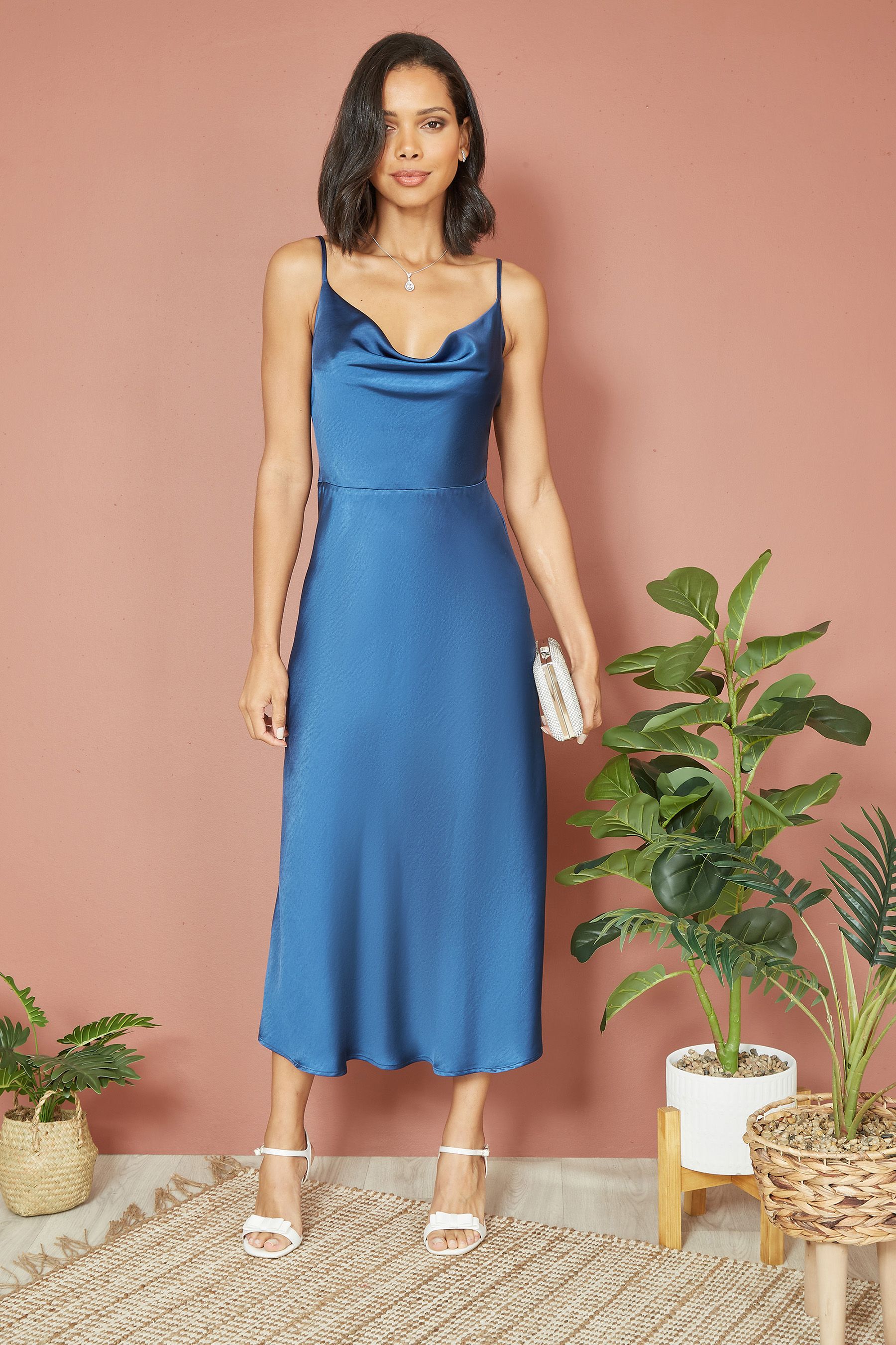 Satin cowl neck midi slip dress cheap