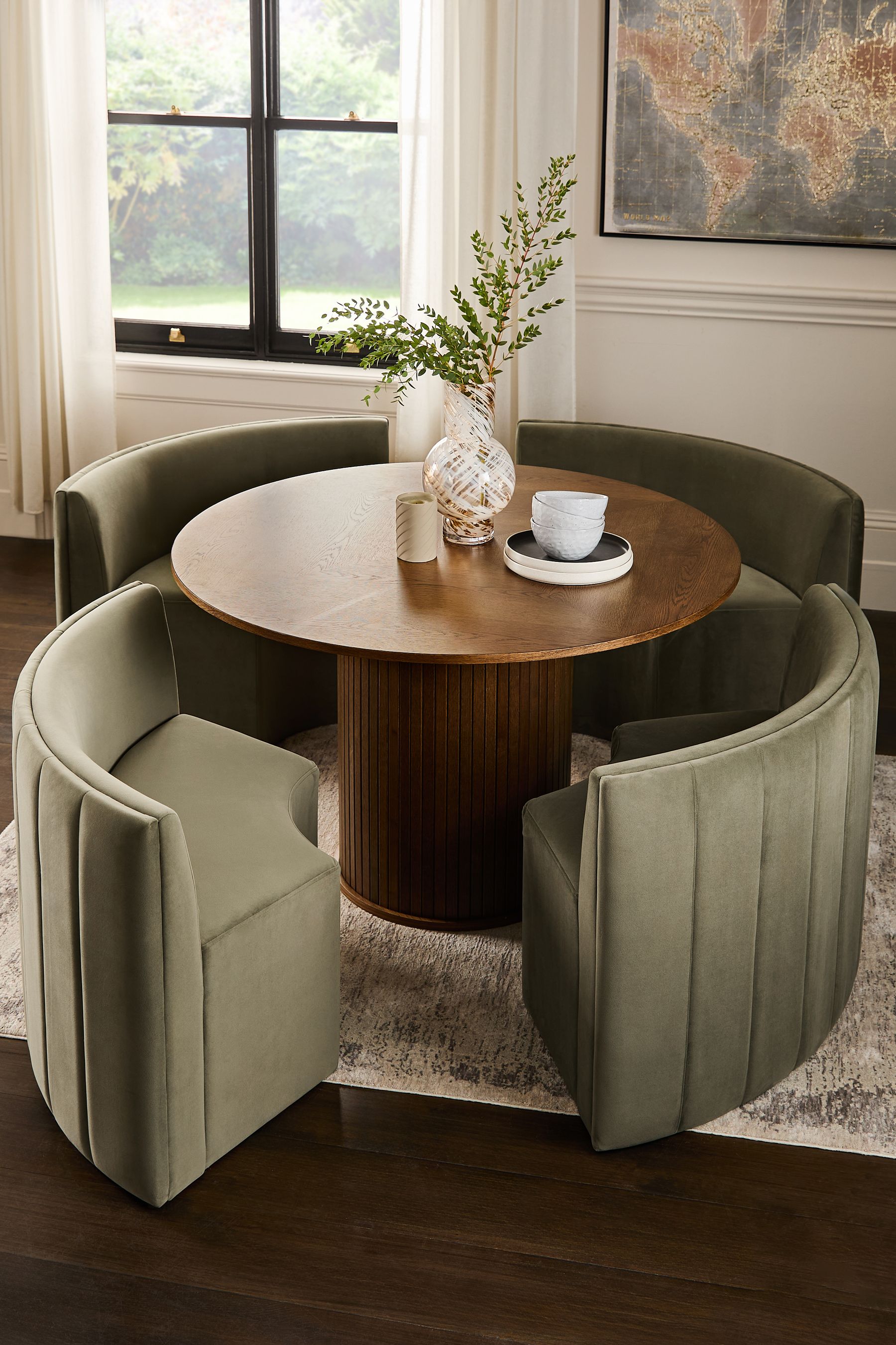 Buy Soft Velvet Sage Green Conway 4 Seater Round Dining Table and Bench Set from the Next UK online shop