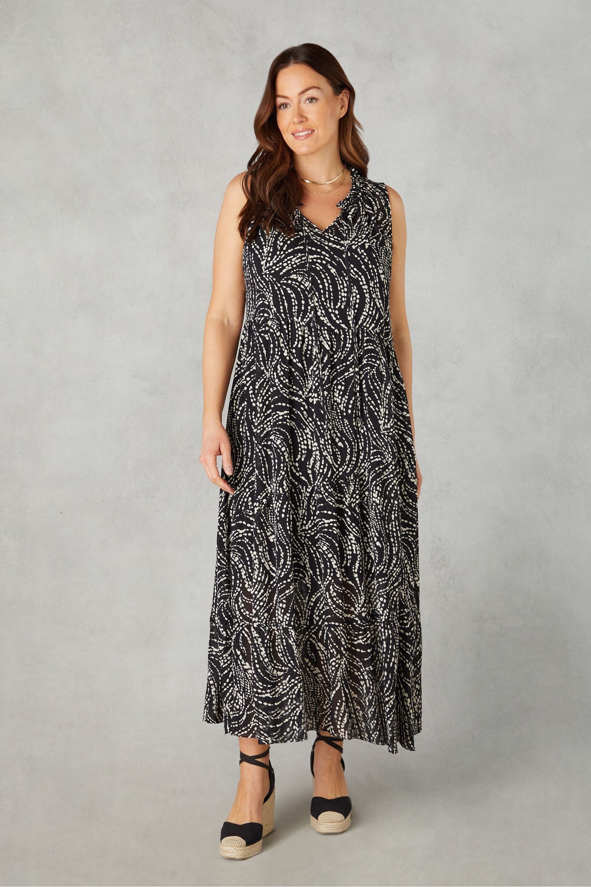 Live Unlimited Curve - Petite Spot Print Ruffle Black Midaxi Dress - Image 1 of 5