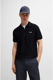 BOSS Dark Blue Short-Sleeved Zip-Neck Polo Sweater With Logo Detail - Image 3 of 5