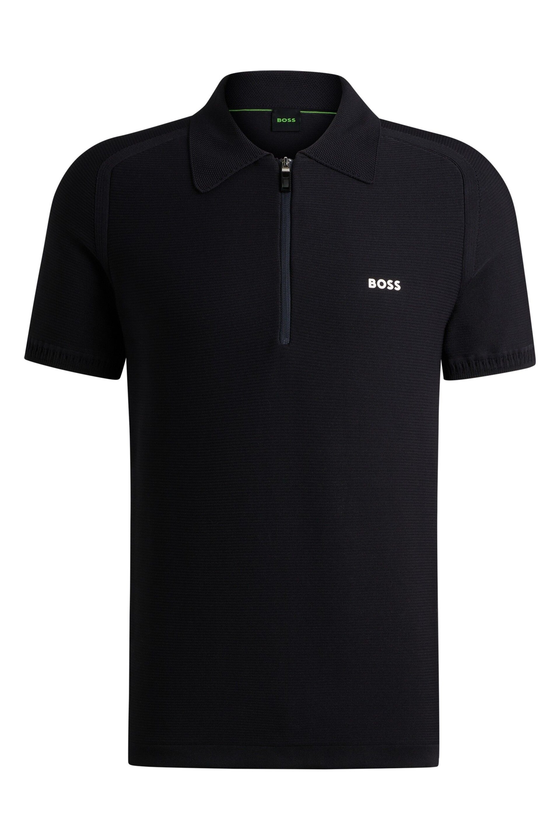 BOSS Dark Blue Short-Sleeved Zip-Neck Polo Sweater With Logo Detail - Image 5 of 5