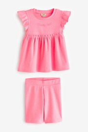 River Island Pink Girls Rib Peplum Top And Shorts Set - Image 1 of 1