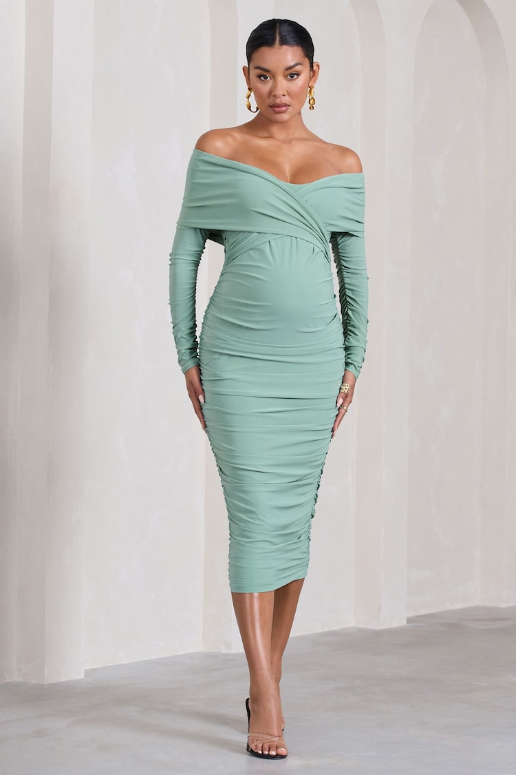 Club L London Sage Green Maternity Davina Ruched Twist Bardot Long Sleeve Midi Dress - Image 1 of 5