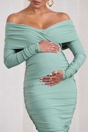 Club L London Sage Green Maternity Davina Ruched Twist Bardot Long Sleeve Midi Dress - Image 5 of 5