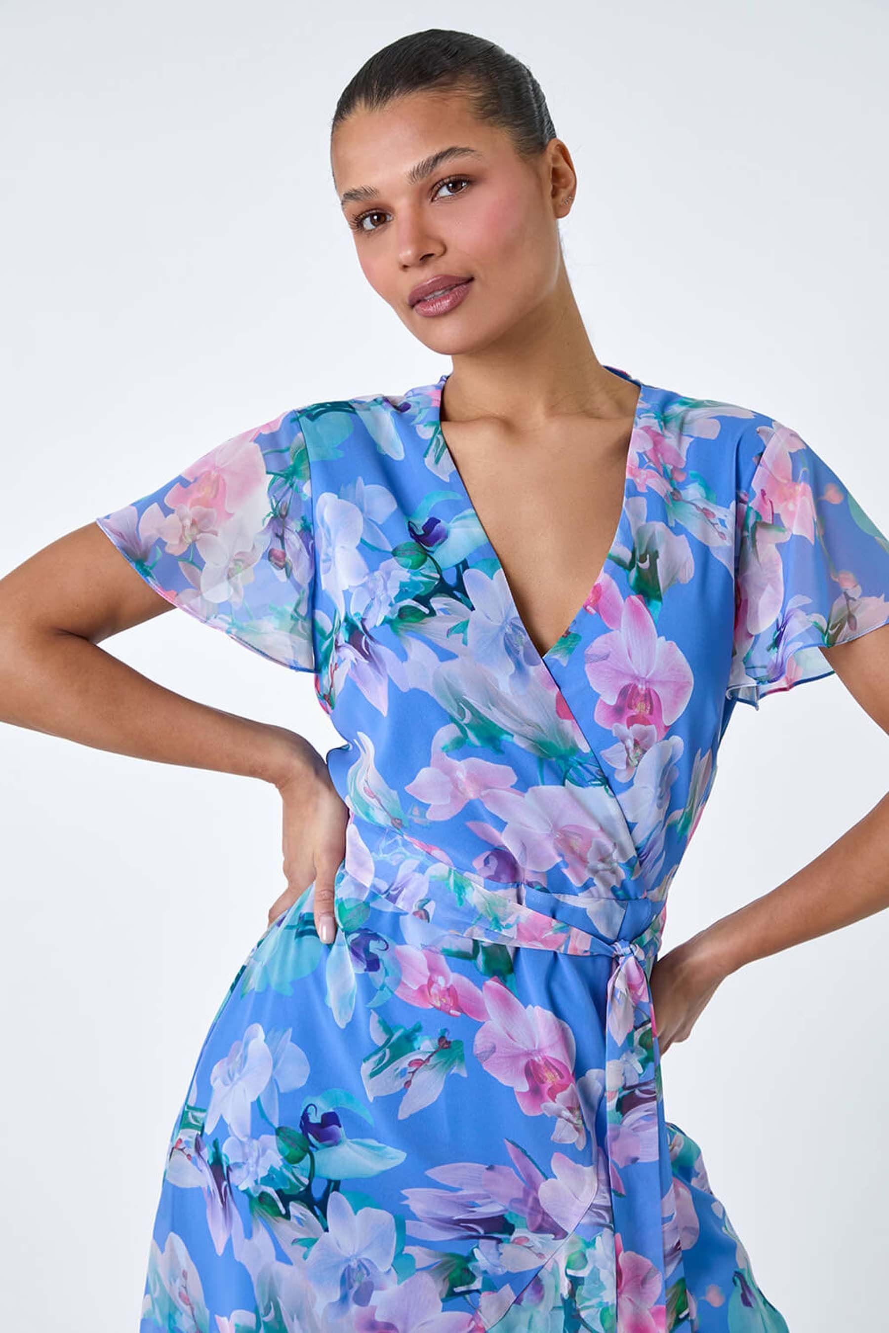 Buy Roman Blue Floral Frill Detail Wrap Dress from the Next UK online shop