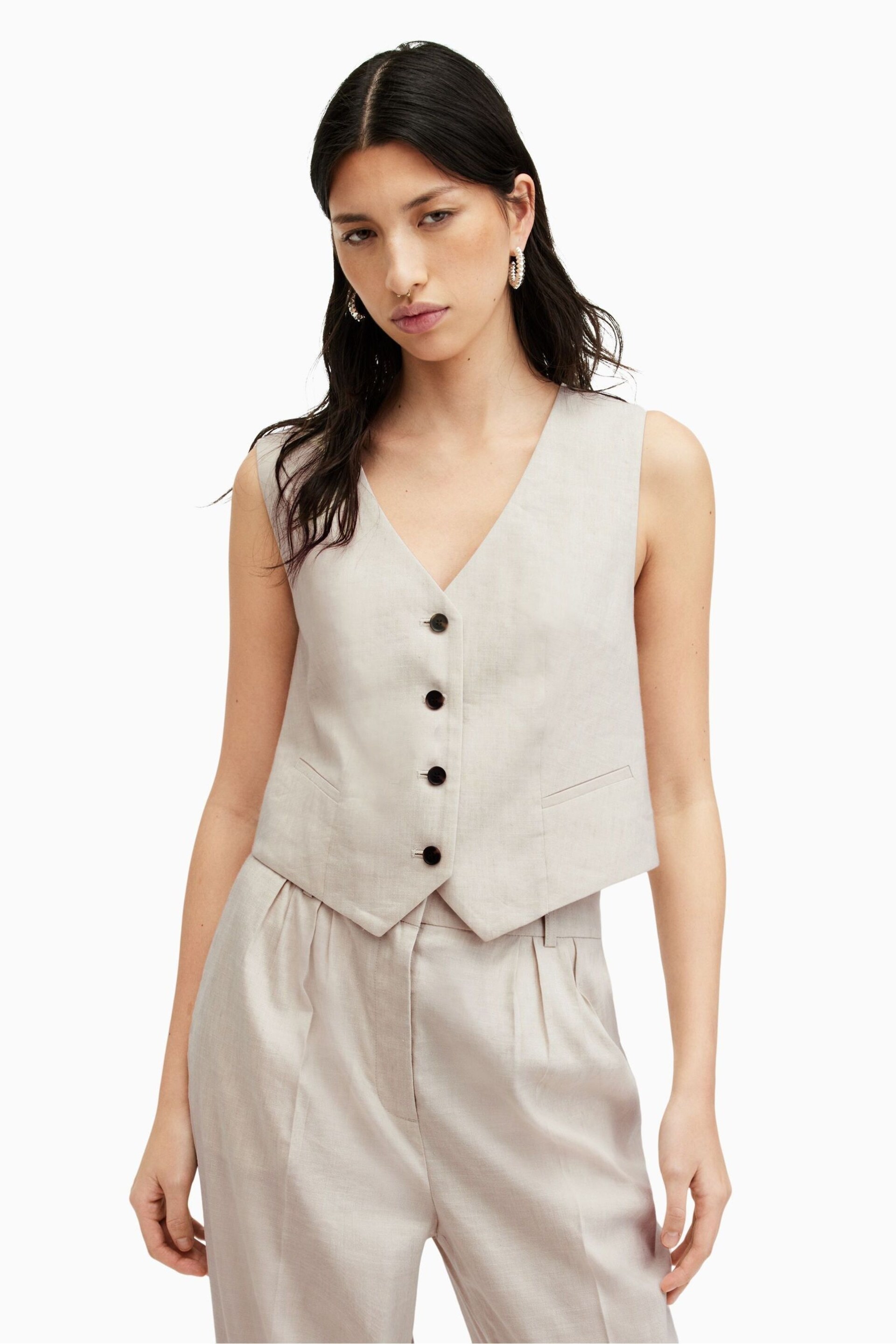 AllSaints Brown Whitney Waistcoat - Image 1 of 6