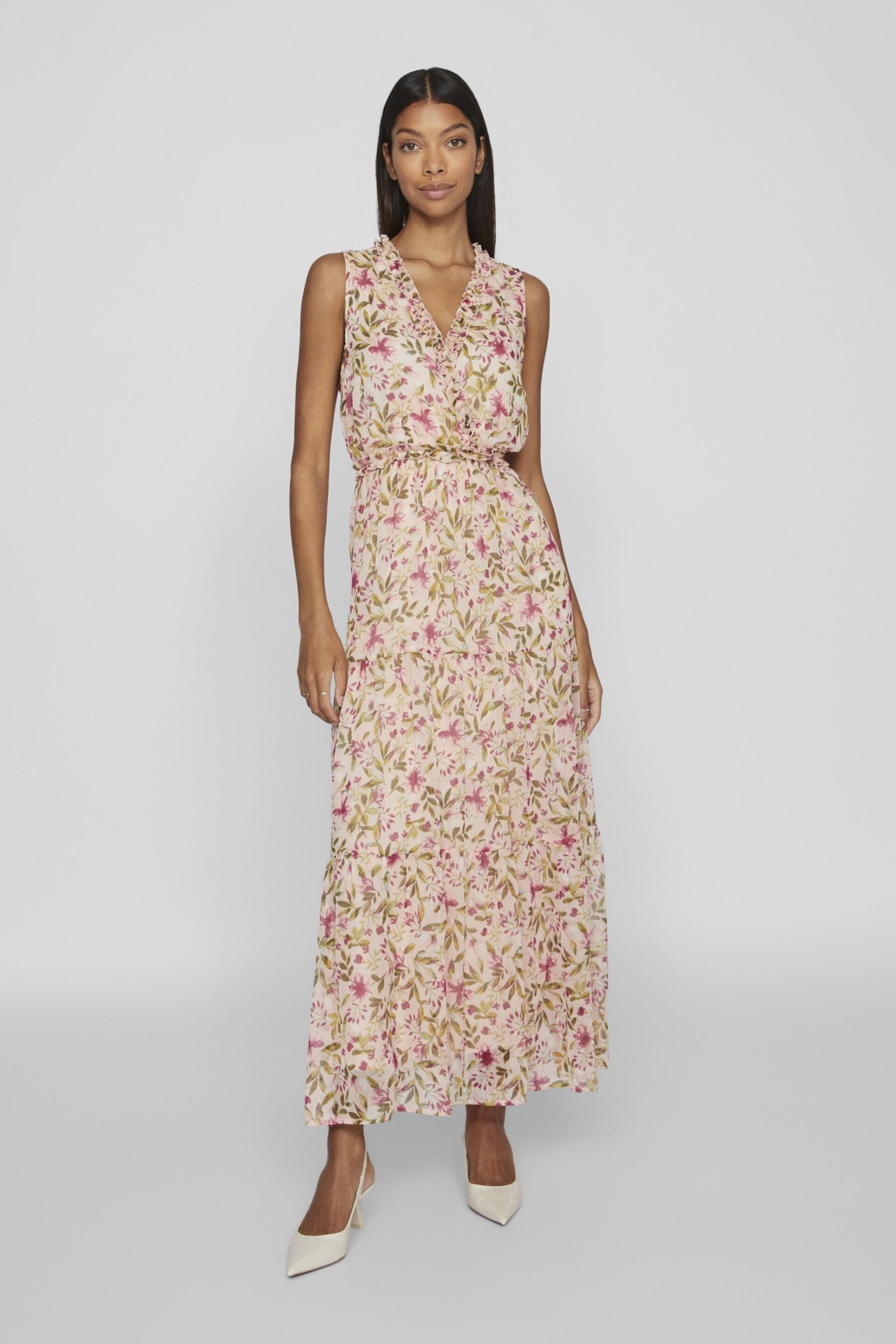 VILA Pink Floral Ruffle Tiered Maxi Occasion Dress - Image 1 of 4