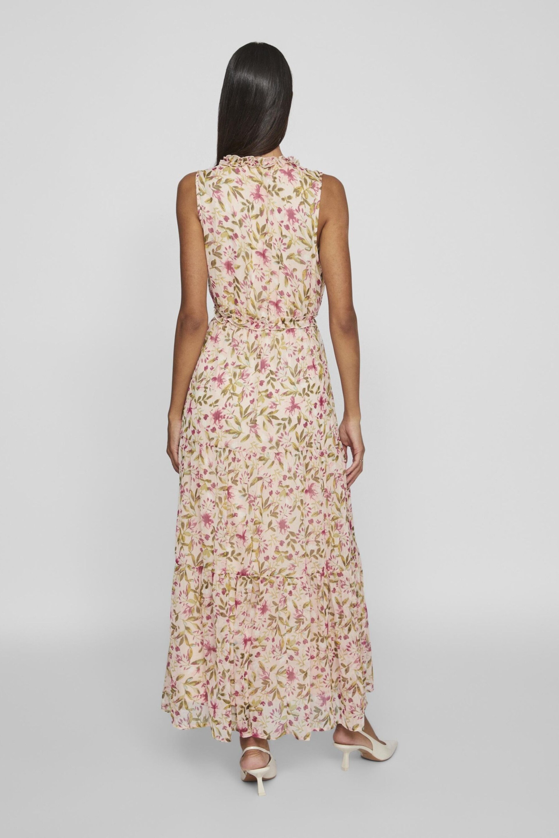 VILA Pink Floral Ruffle Tiered Maxi Occasion Dress - Image 2 of 4