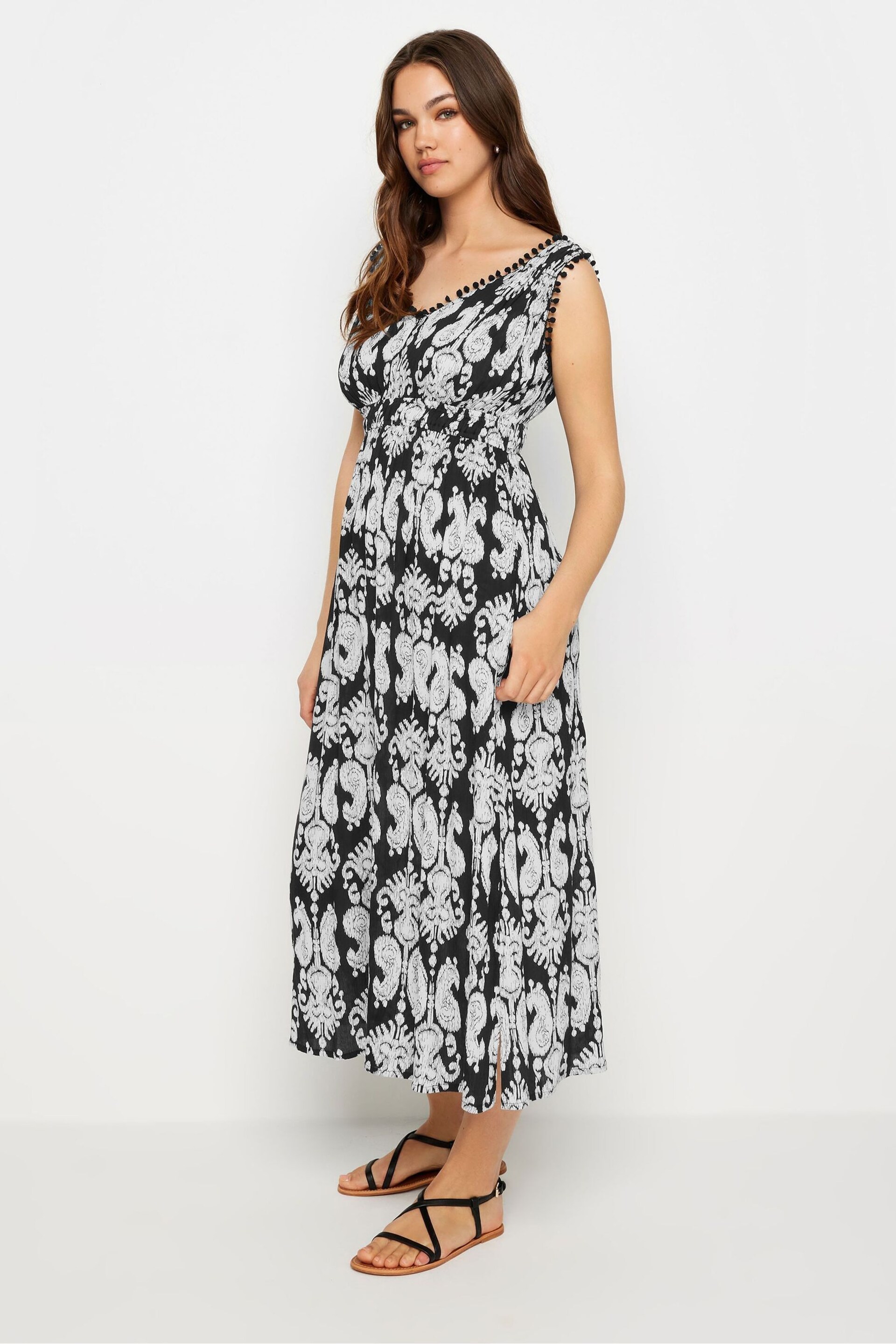 Long Tall Sally Black Mono Shirred Printed V-Neck Midi Dress - Image 2 of 5