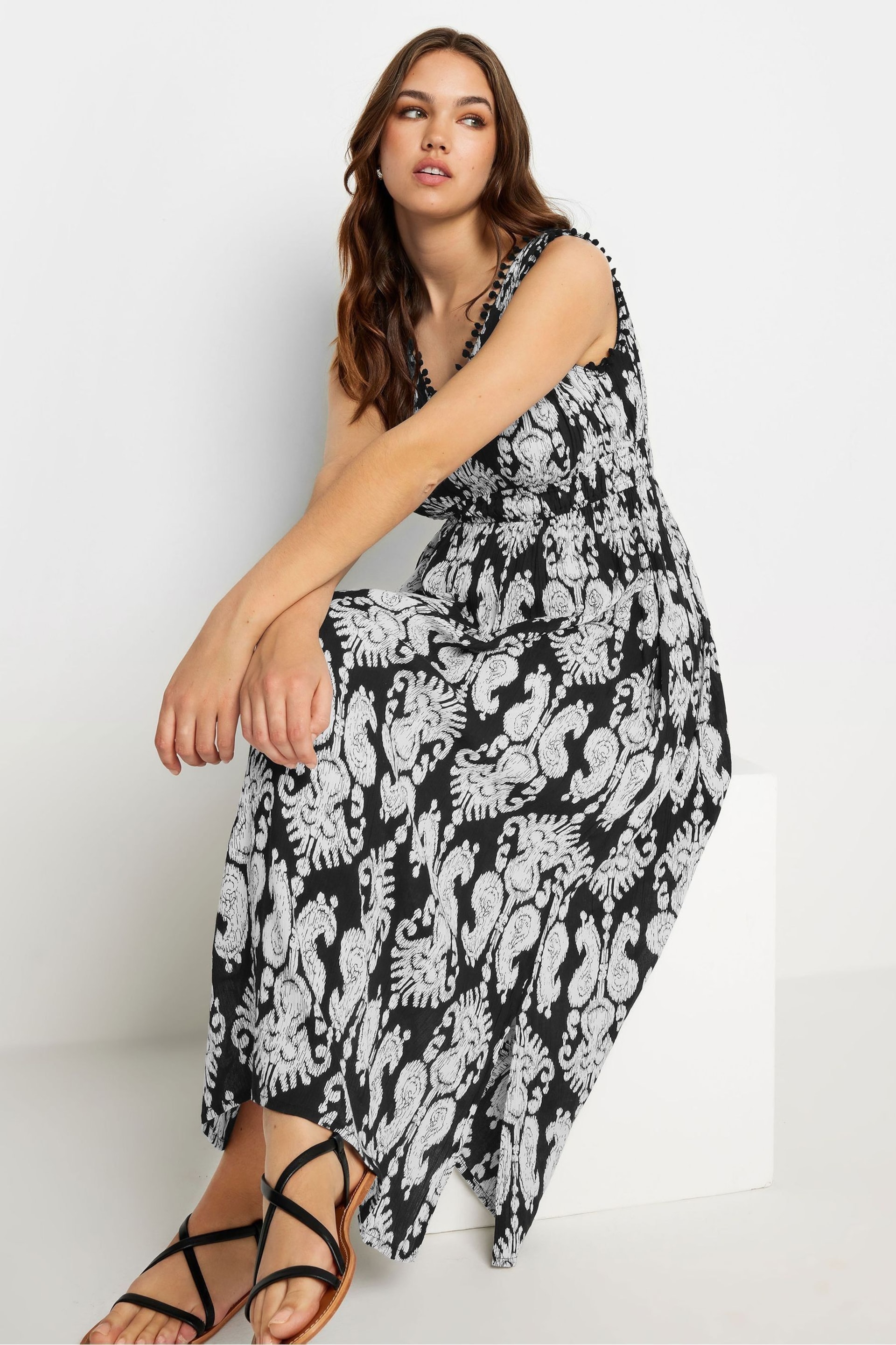 Long Tall Sally Black Mono Shirred Printed V-Neck Midi Dress - Image 3 of 5