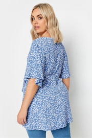 Yours Curve Blue Floral Print Textured Wrap Top - Image 3 of 5