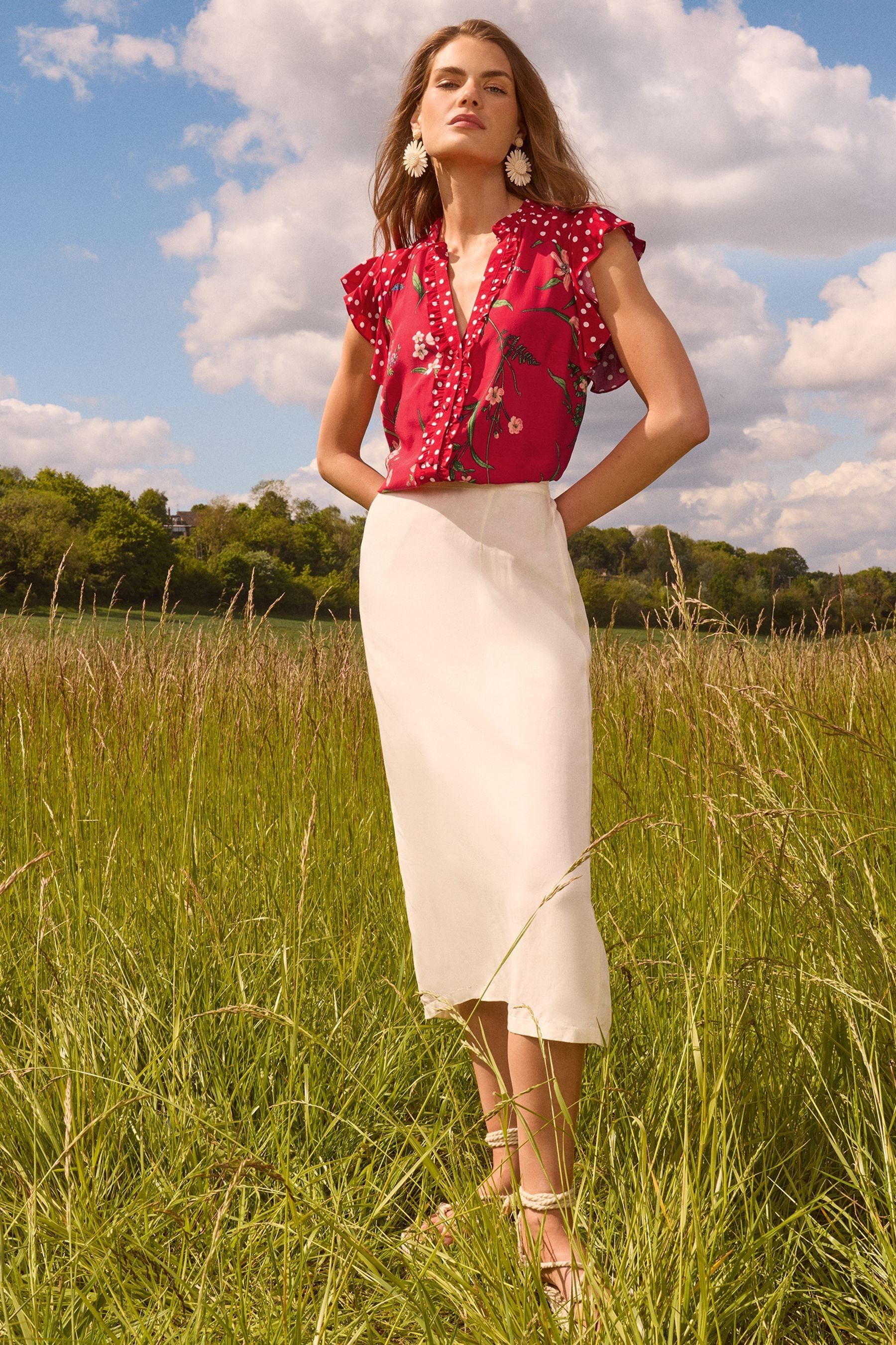 Polka dot skirt floral blouse online