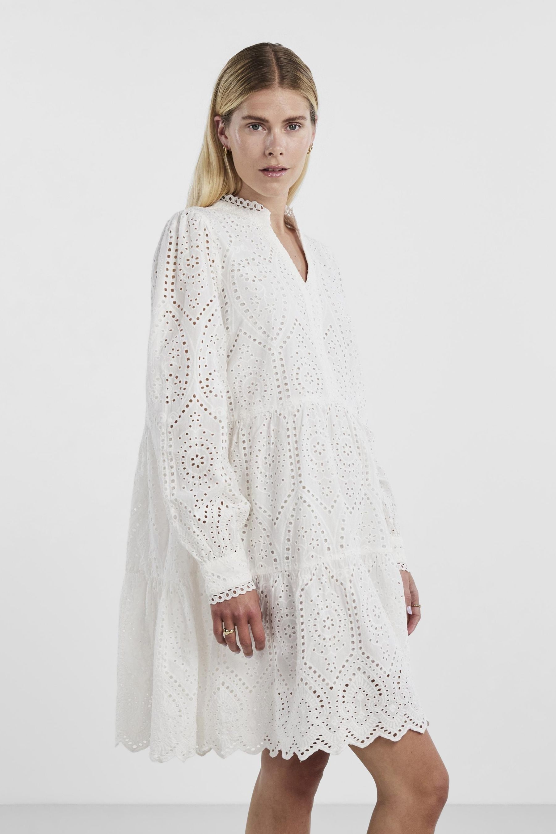Buy Y.A.S White Broderie Long Sleeve Tiered Dress from Next Luxembourg