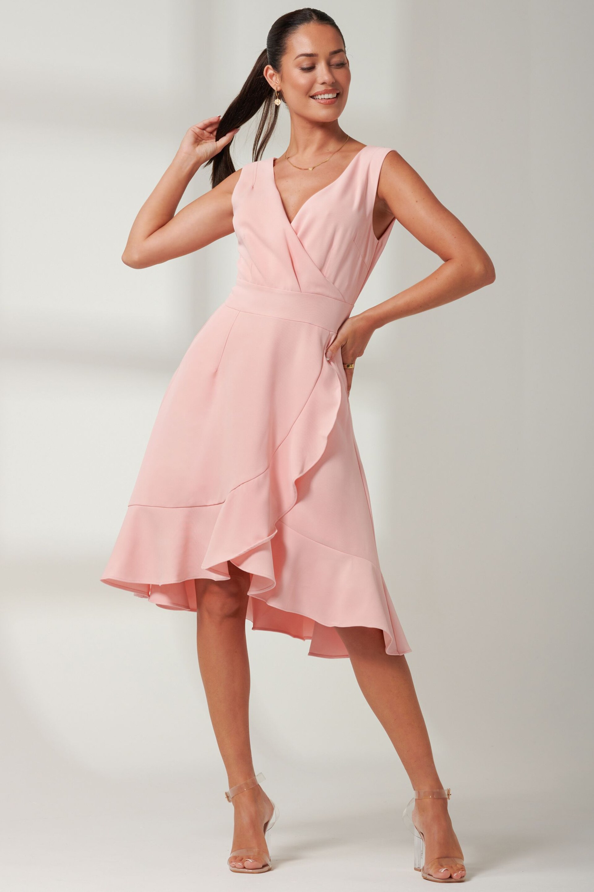 Jolie Moi Pink Wrap Frill Hem Midi Dress - Image 1 of 7