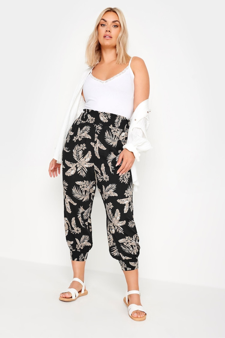 Yours Curve Black Leaf Print Shirred Harem Trousers - Image 2 of 5