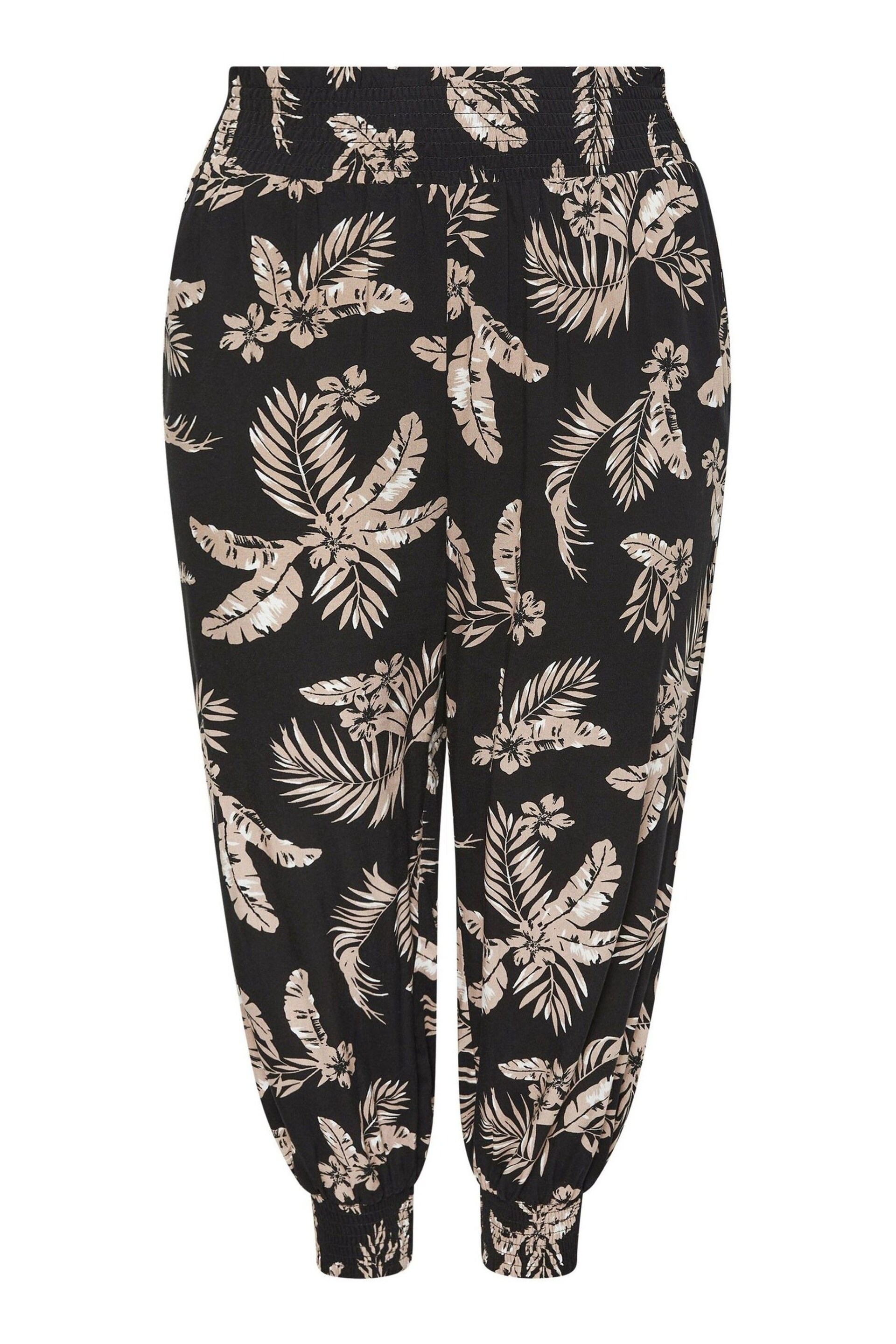 Yours Curve Black Leaf Print Shirred Harem Trousers - Image 5 of 5