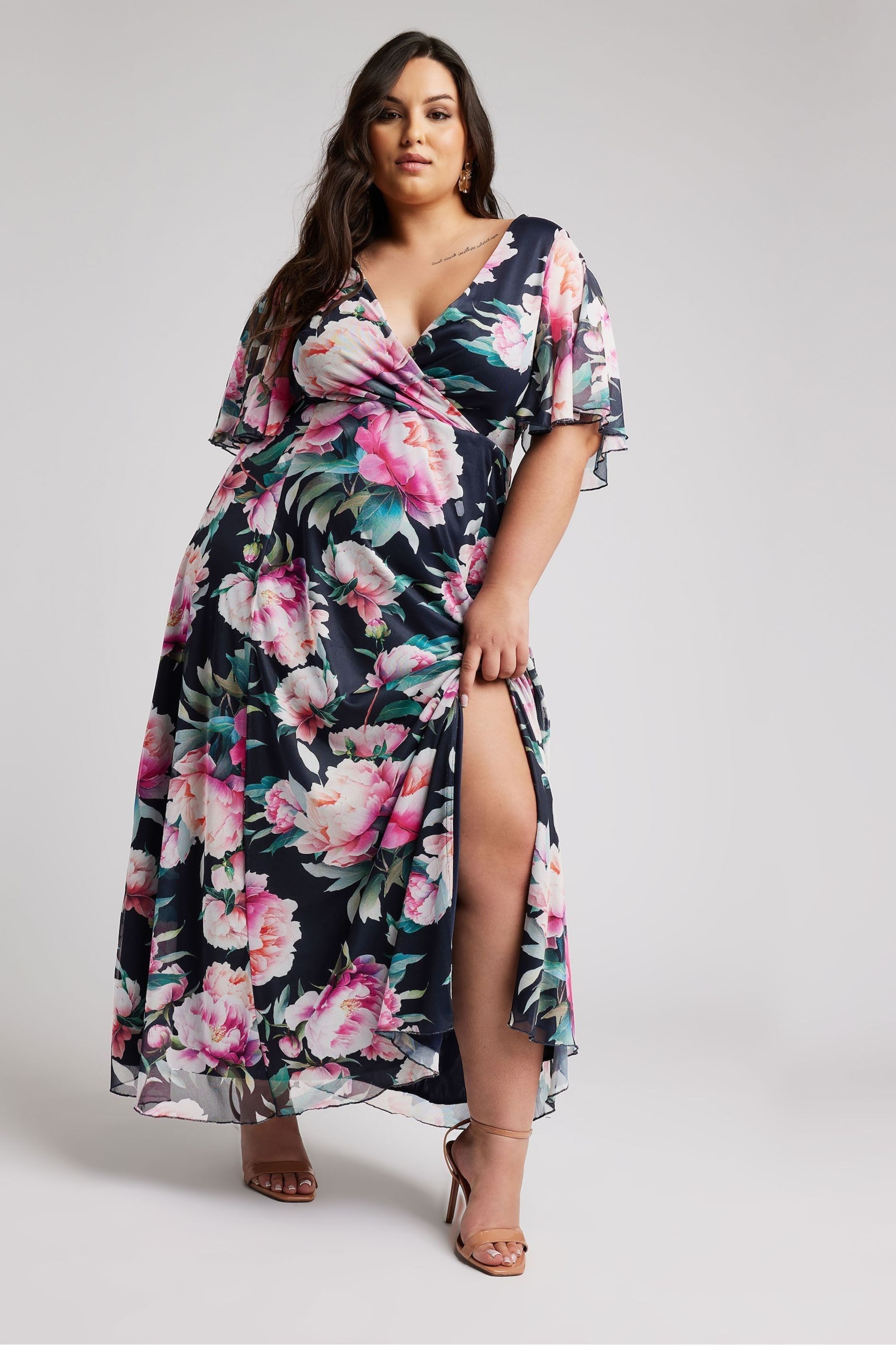 Yours London Curve Navy Blue Floral Print Wrap Maxi Dress - Image 2 of 5