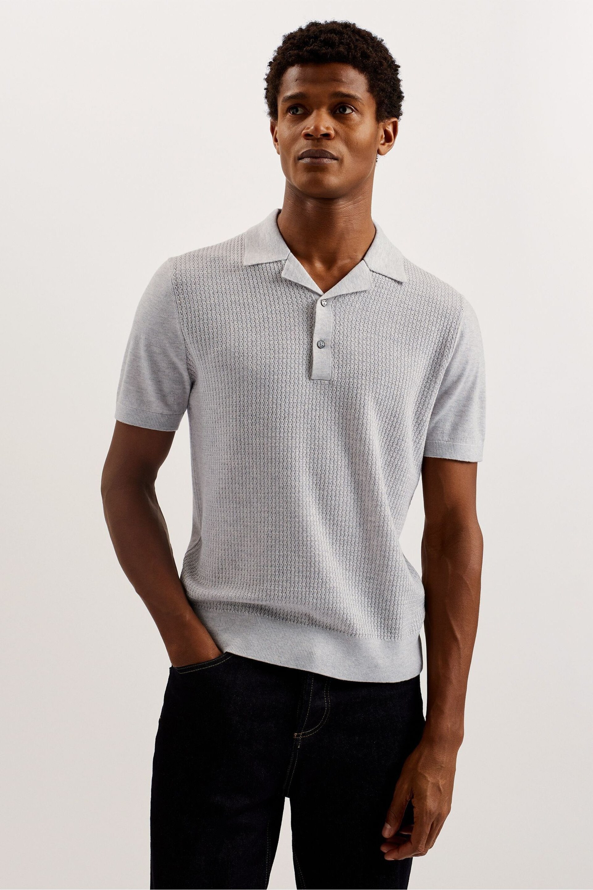 Ted Baker Grey Adio Textured Front Polo Shirt - Image 1 of 6