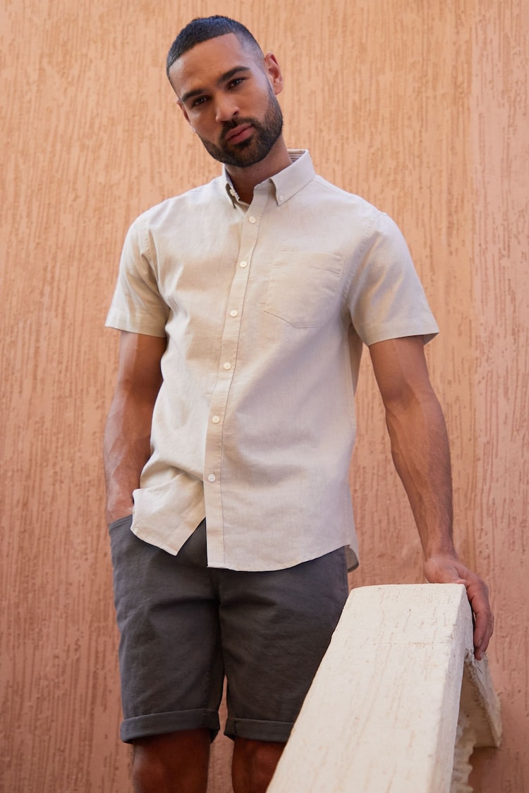 Threadbare Stone Linen Blend Short Sleeve Shirt - Image 1 of 4