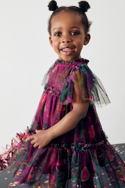 Plum Purple Printed Mesh Party Dress (3mths-7yrs) - Image 5 of 11