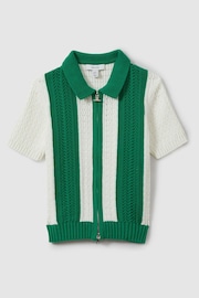 Reiss White/Bright Green Painter Junior Knitted Cotton Zip Front Shirt - Image 2 of 4