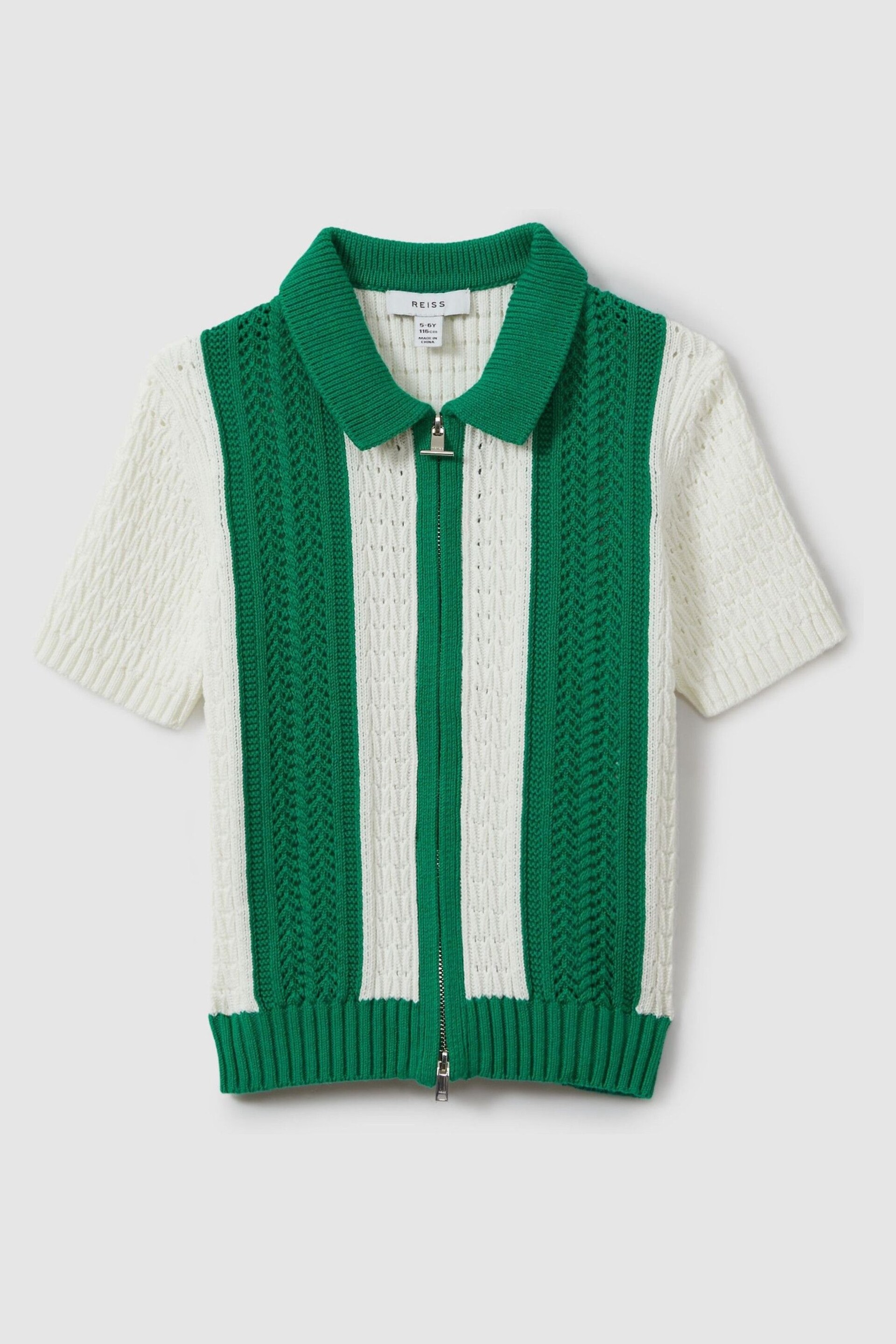 Reiss White/Bright Green Painter Junior Knitted Cotton Zip Front Shirt - Image 2 of 4