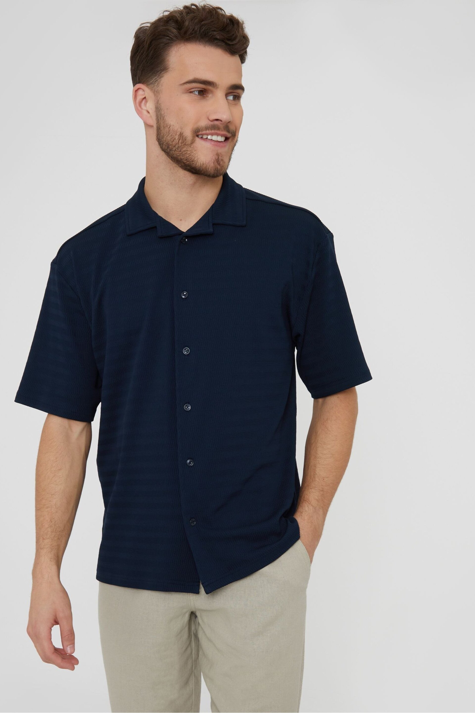 Threadbare Navy Textured Short Sleeve Cotton Shirt With Stretch - Image 1 of 4