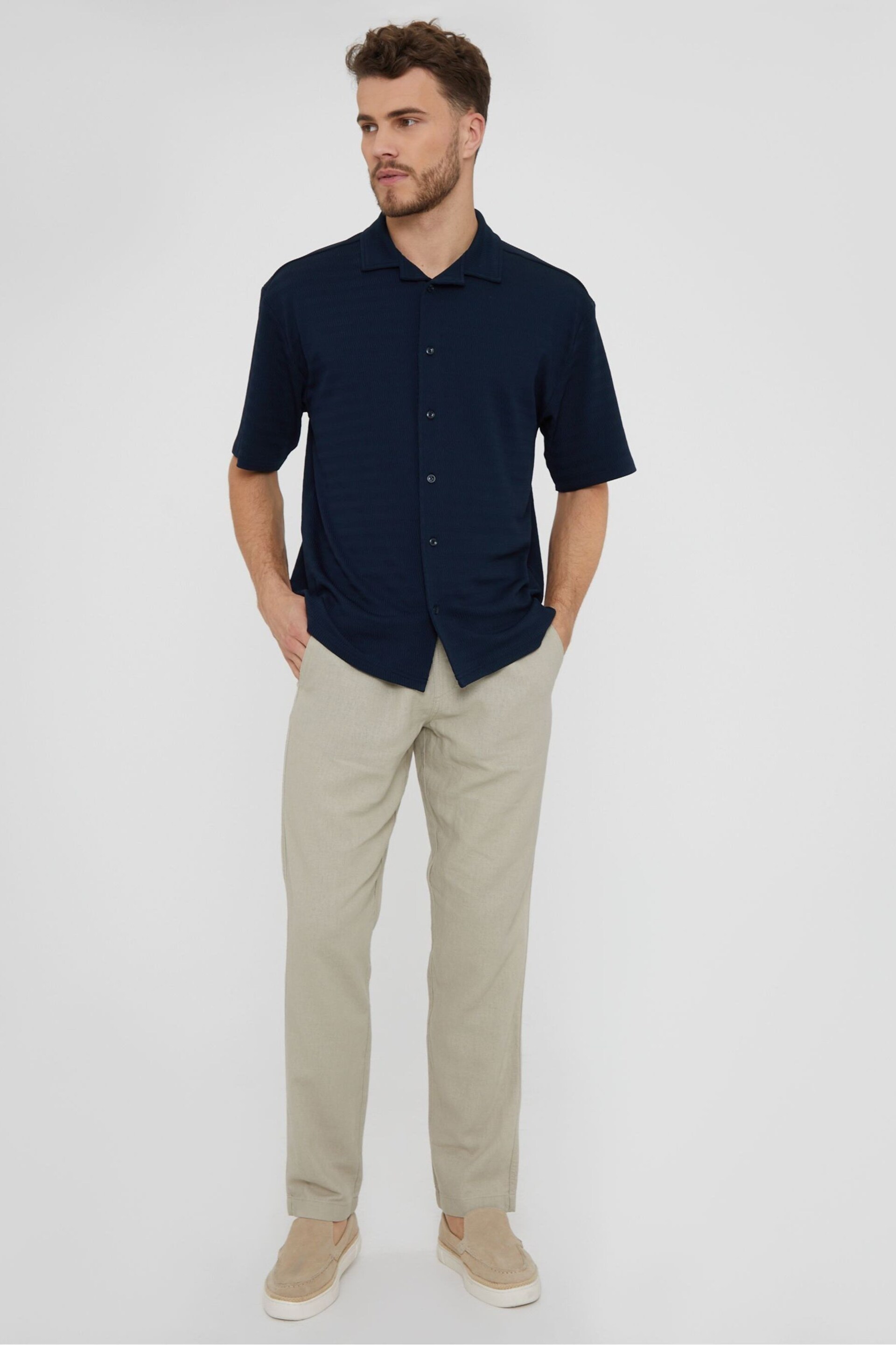 Threadbare Navy Textured Short Sleeve Cotton Shirt With Stretch - Image 3 of 4