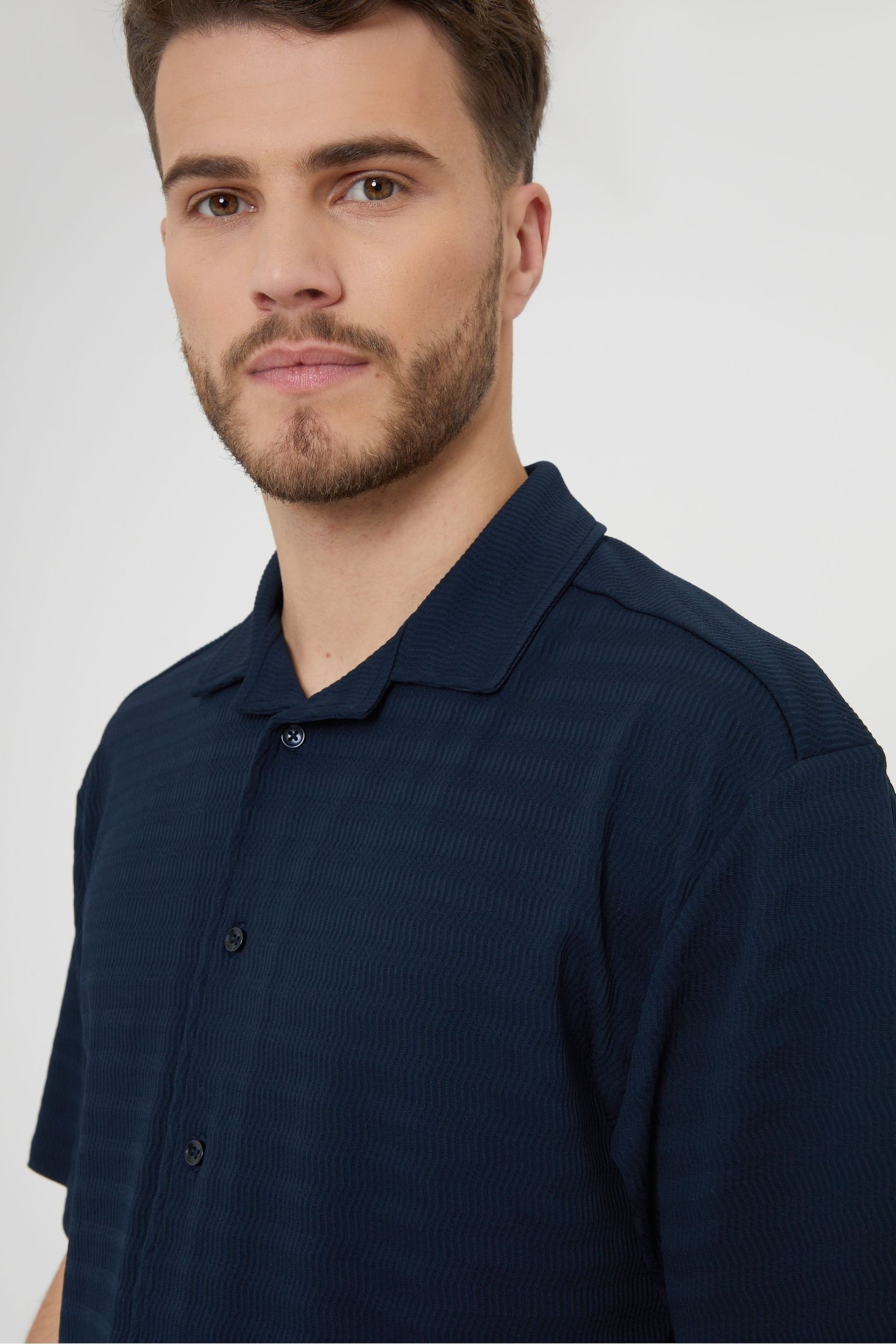 Threadbare Navy Textured Short Sleeve Cotton Shirt With Stretch - Image 4 of 4