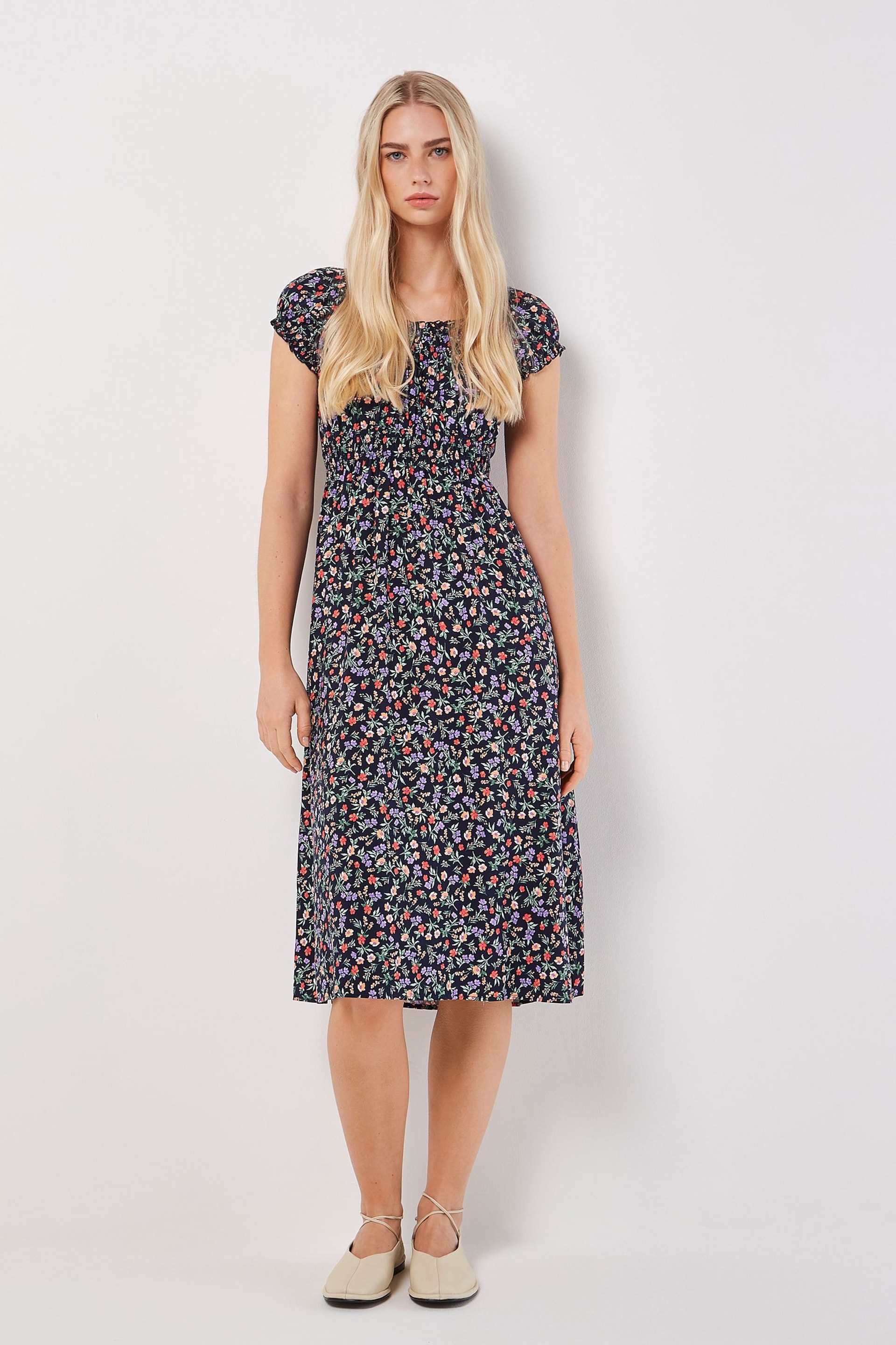 Apricot Multi Garden Floral Milkmaid Midi Dress - Image 1 of 4