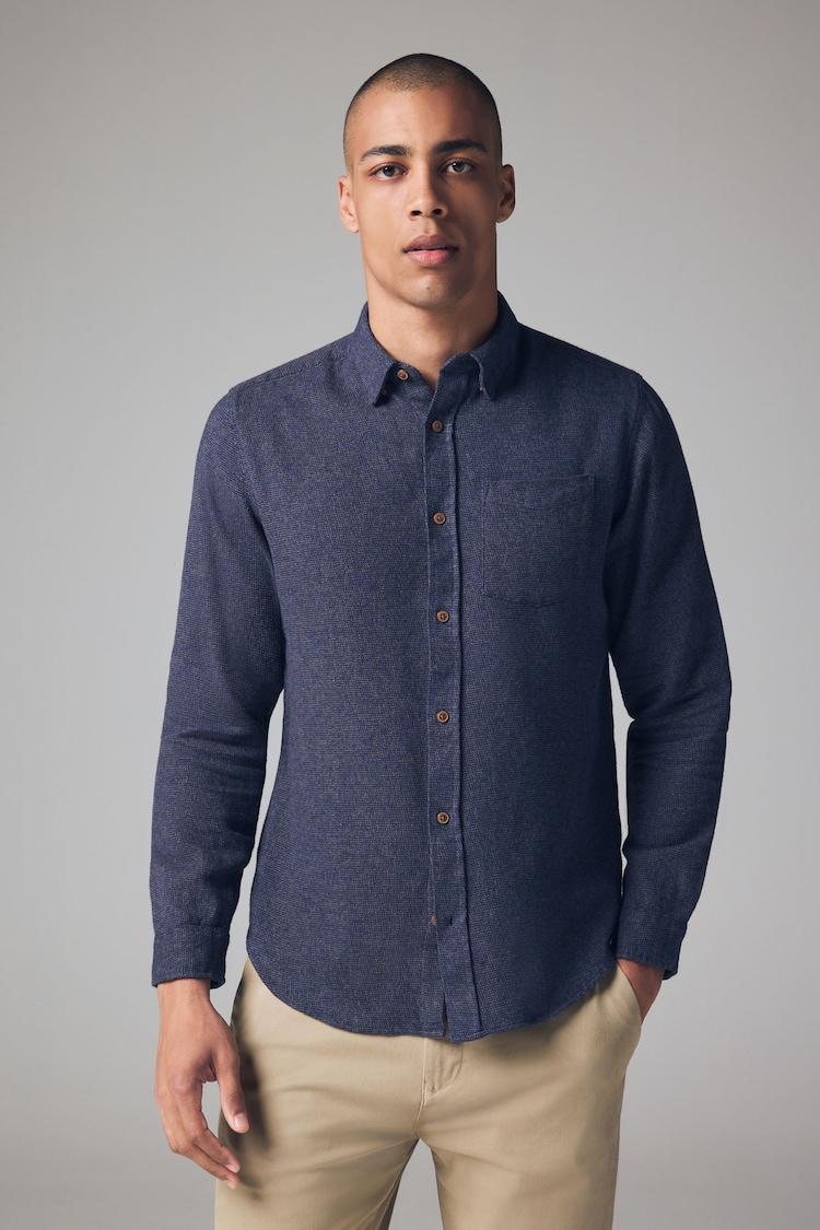 Navy Blue Brushed Texture 100% Cotton Long Sleeve Shirt - Image 1 of 7