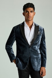 Steel Blue Slim Fit Patterned Velvet Blazer - Image 3 of 12