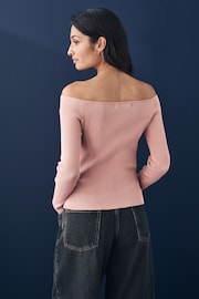 Pink Blush Bardot Off The Shoulder Fitted Rib Knitted Jumper Top - Image 3 of 7