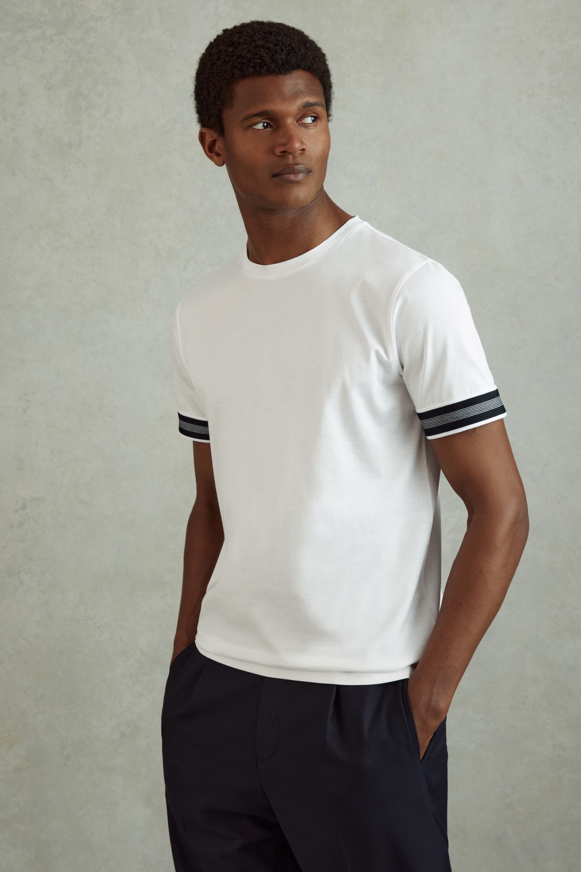 Reiss White Dune Mercerised Cotton Striped T-Shirt - Image 1 of 6