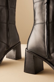 Black Leather Premium Square Toe Panel Heeled Boots - Image 6 of 6