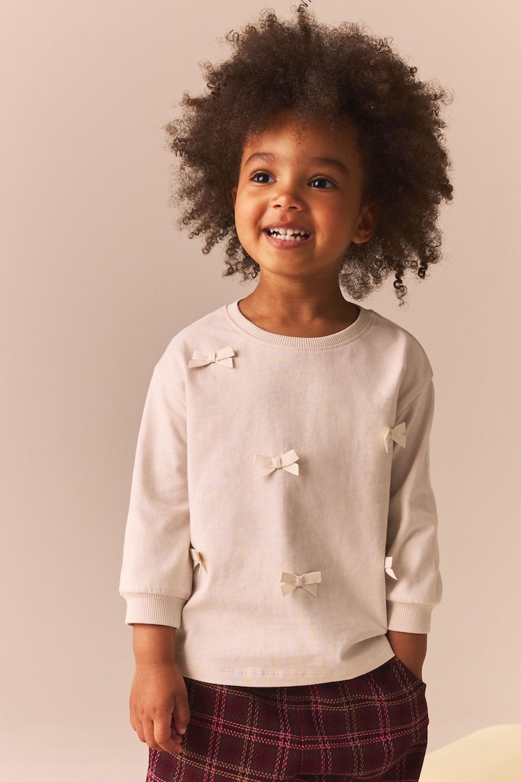 Ecru 100% Cotton Long Sleeve Appliqué Bow Top (3mths-7yrs) - Image 1 of 6