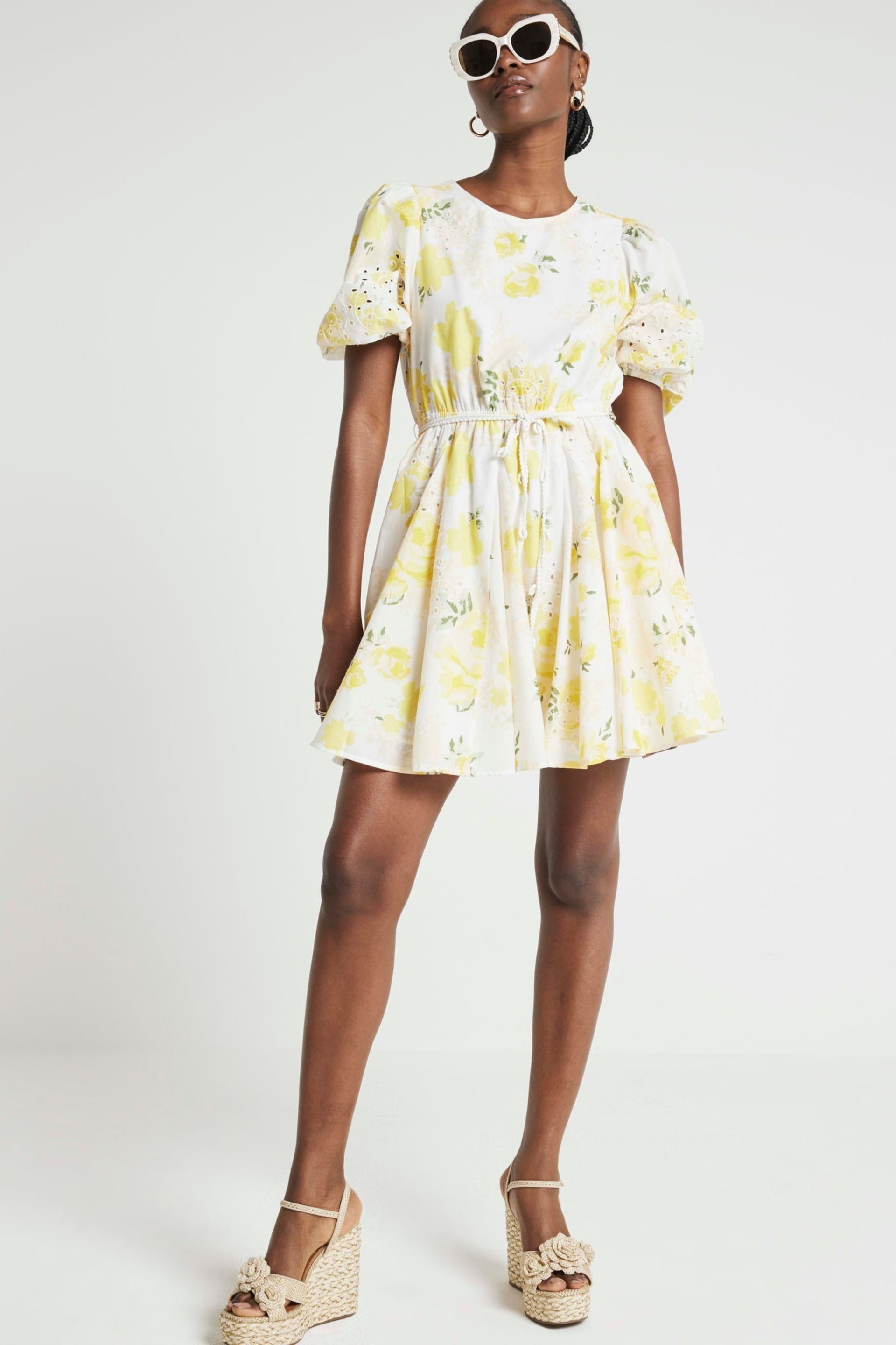 River Island Yellow Broderie Mini Dress - Image 1 of 4