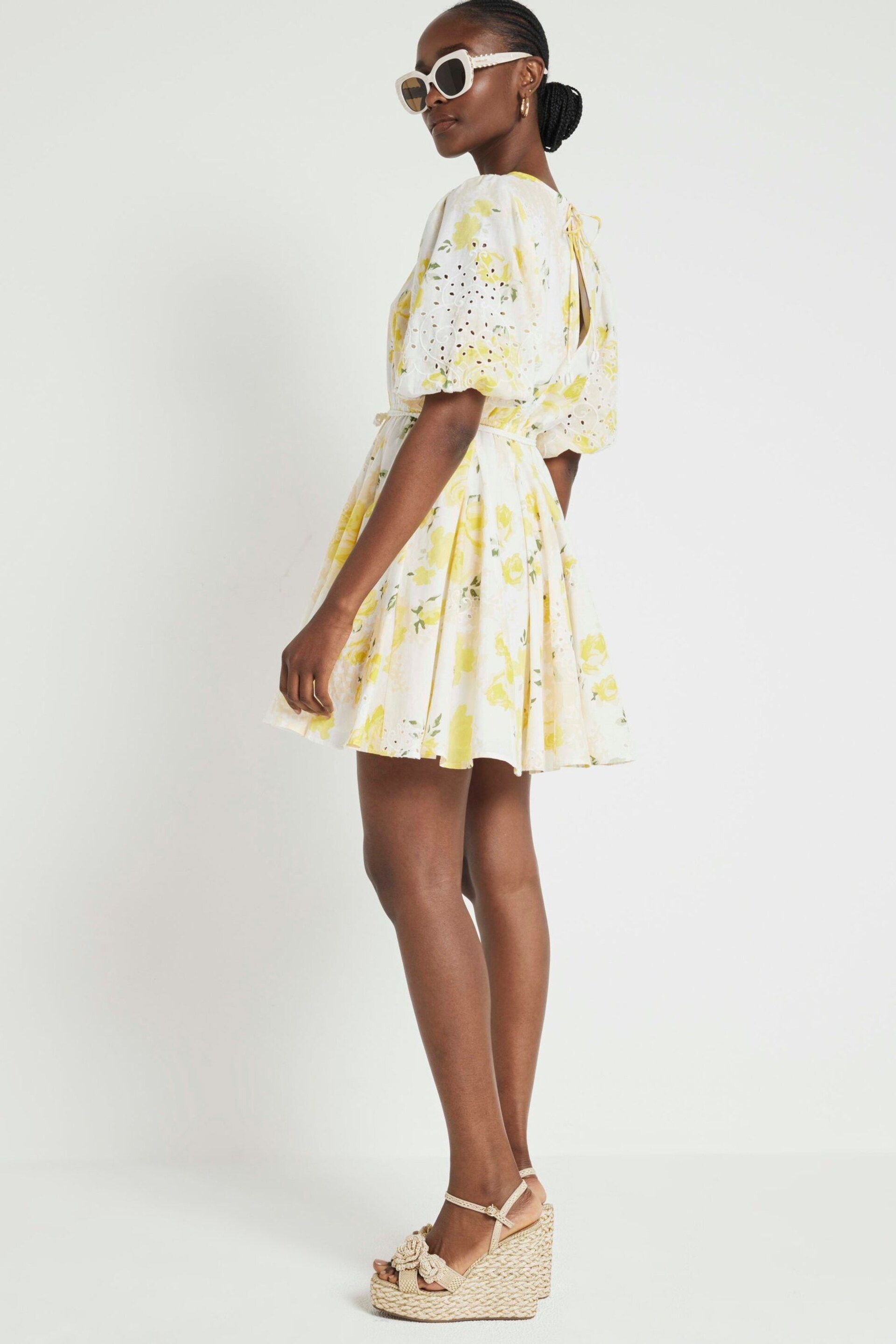 River Island Yellow Broderie Mini Dress - Image 2 of 4