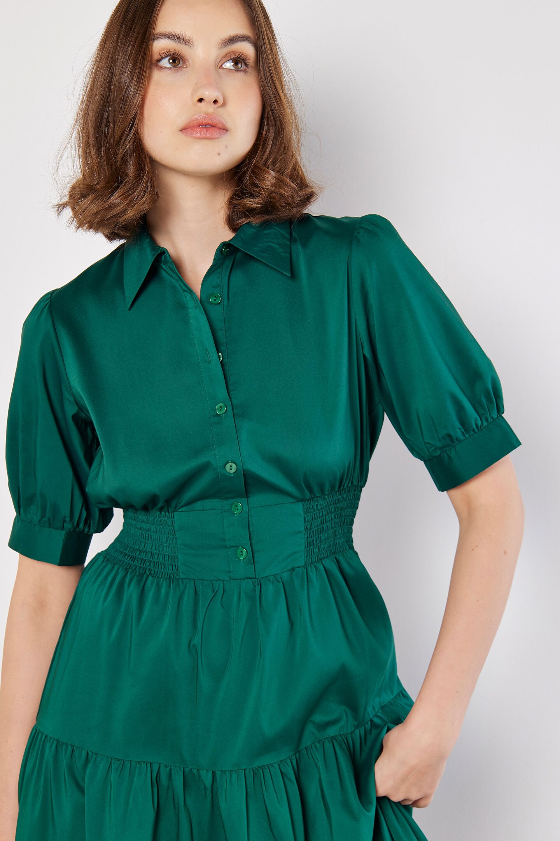 Apricot Green Smock Waist Shirt Midaxi Dress - Image 3 of 5