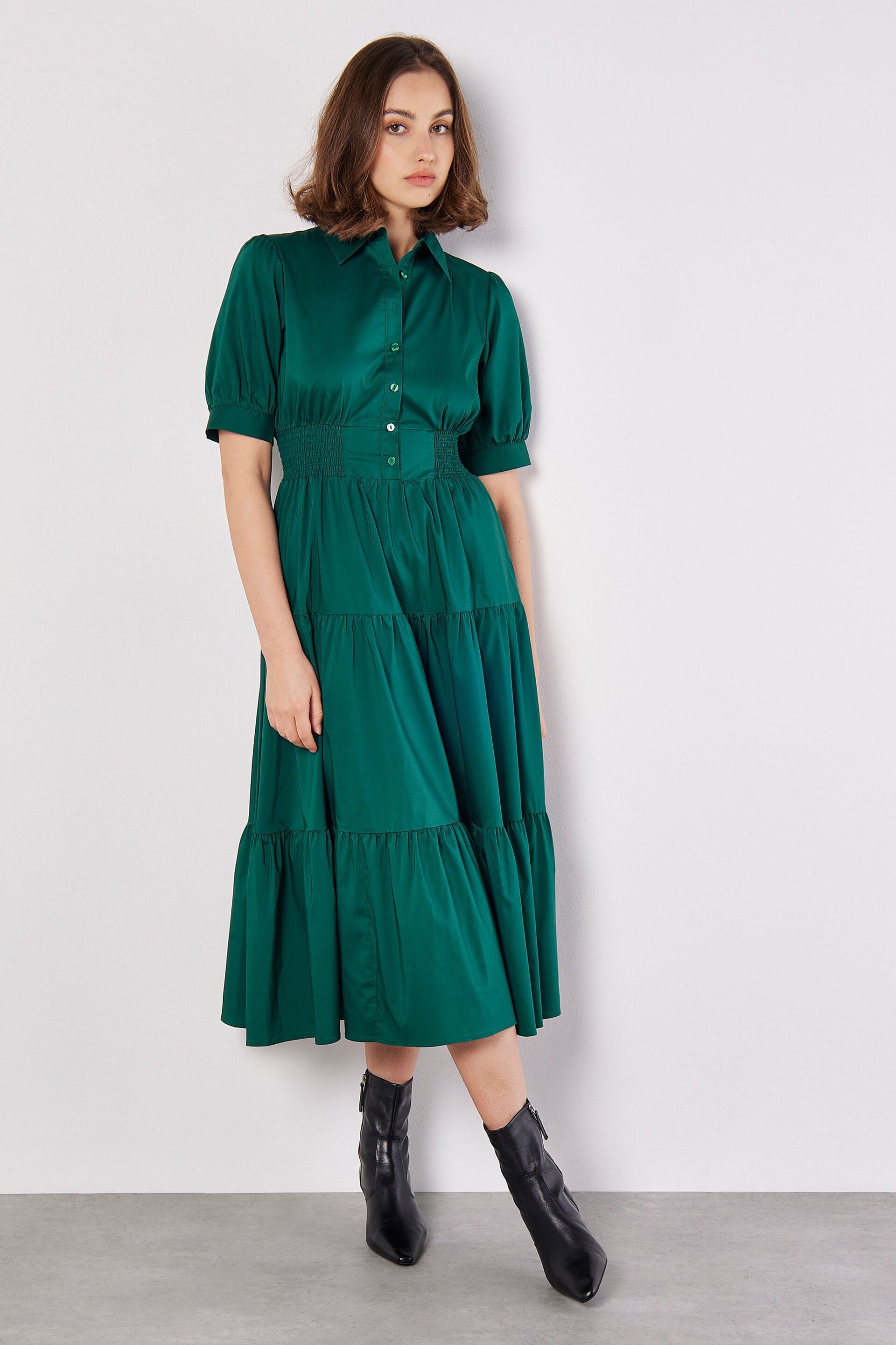 Apricot Green Smock Waist Shirt Midaxi Dress - Image 4 of 5