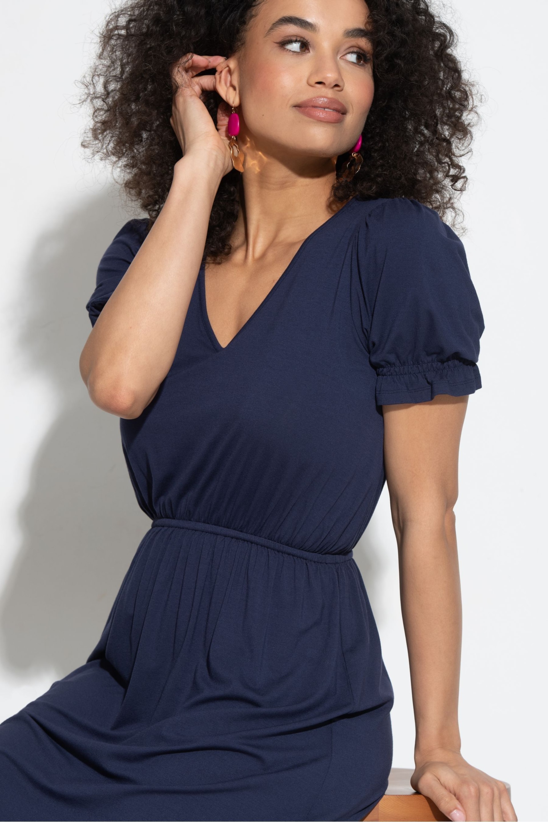 Pour Moi Blue Jenny Puff Sleeve Jersey Midi Dress with LENZING™ ECOVERO™ Viscose - Image 2 of 4