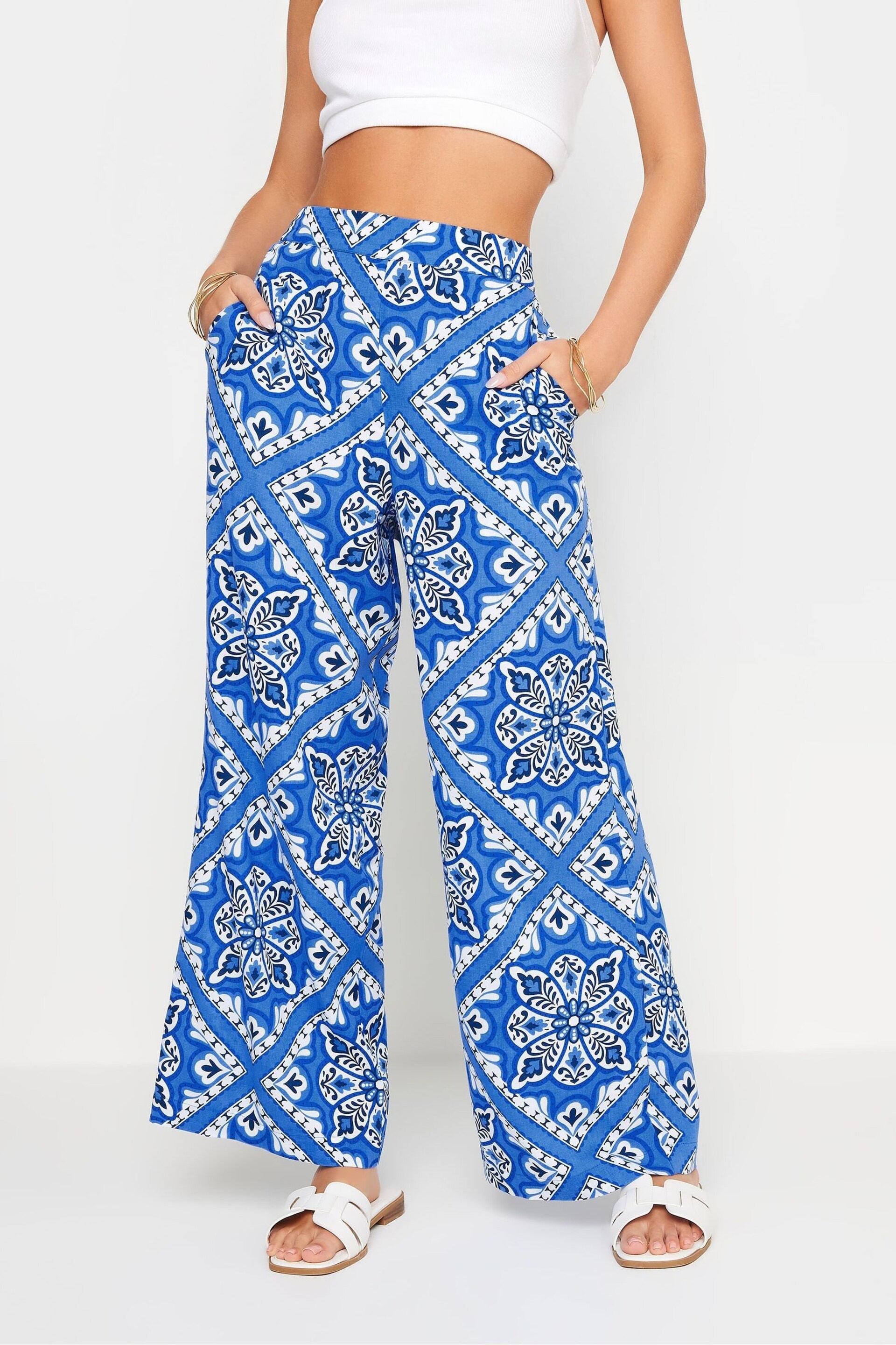 PixieGirl Petite Blue Tile Print Wide Leg Trousers - Image 2 of 5