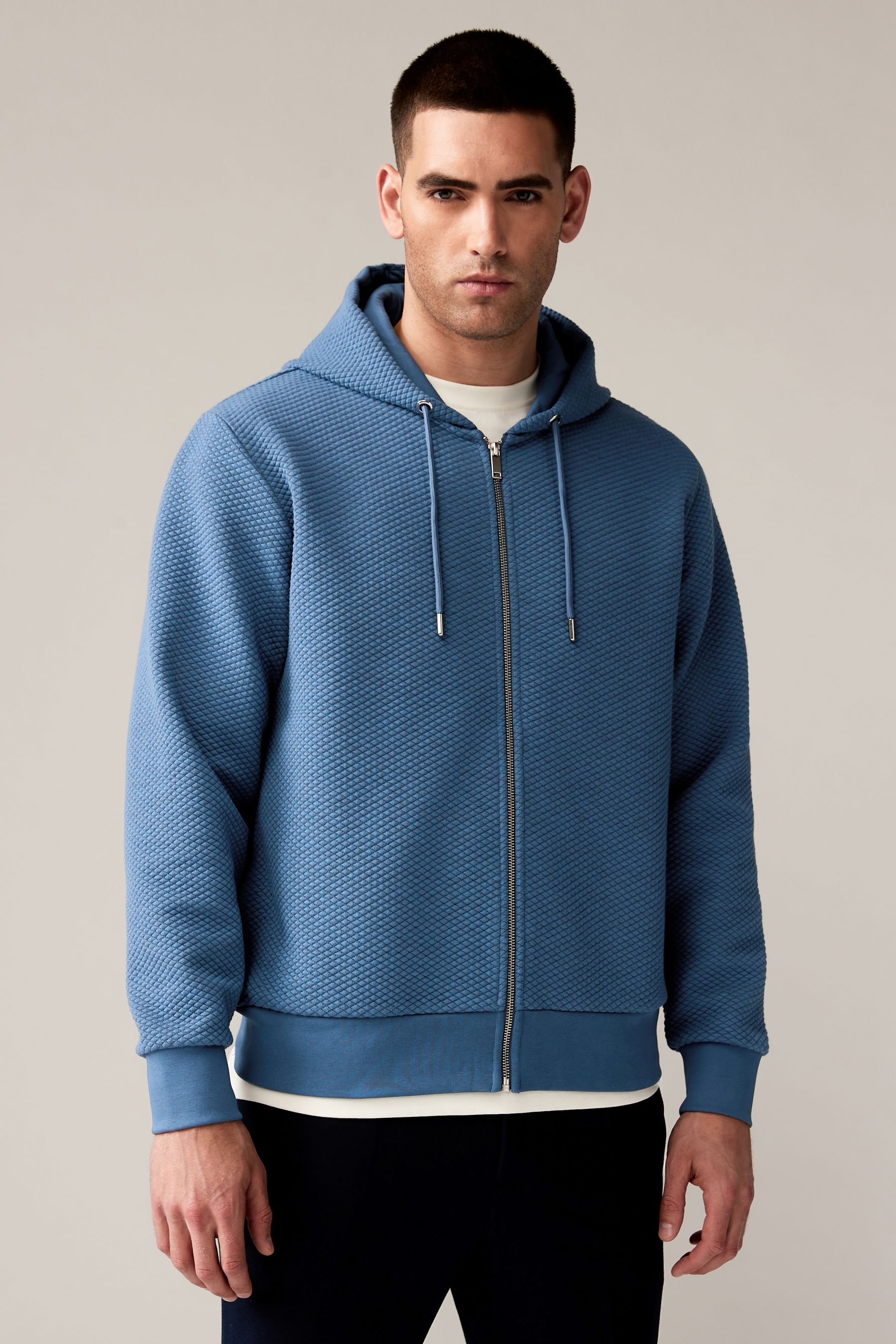 Buy Blue Zip Through Premium Textured Overhead Hoodie from Next Luxembourg