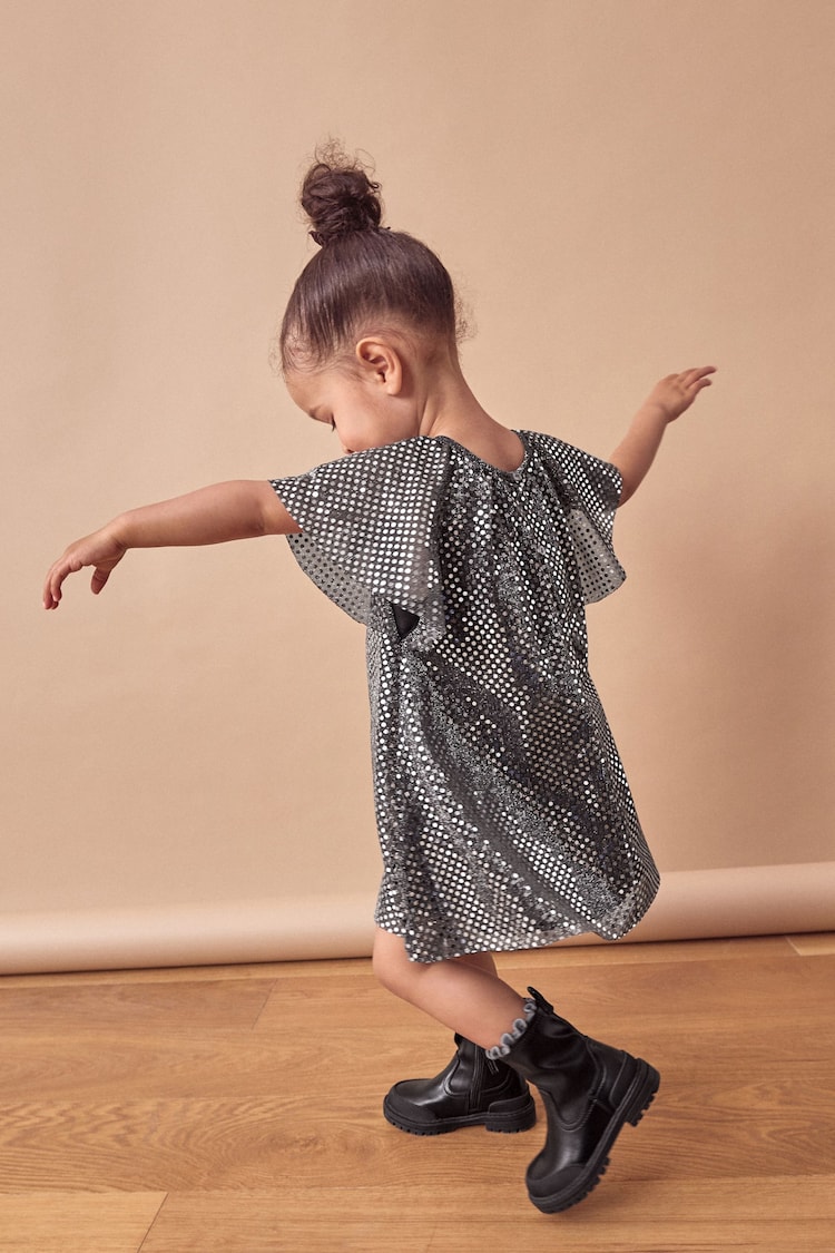 Charcoal Bow Sequin Party Angel Sleeve Dress (3mths-10yrs) - Image 1 of 7